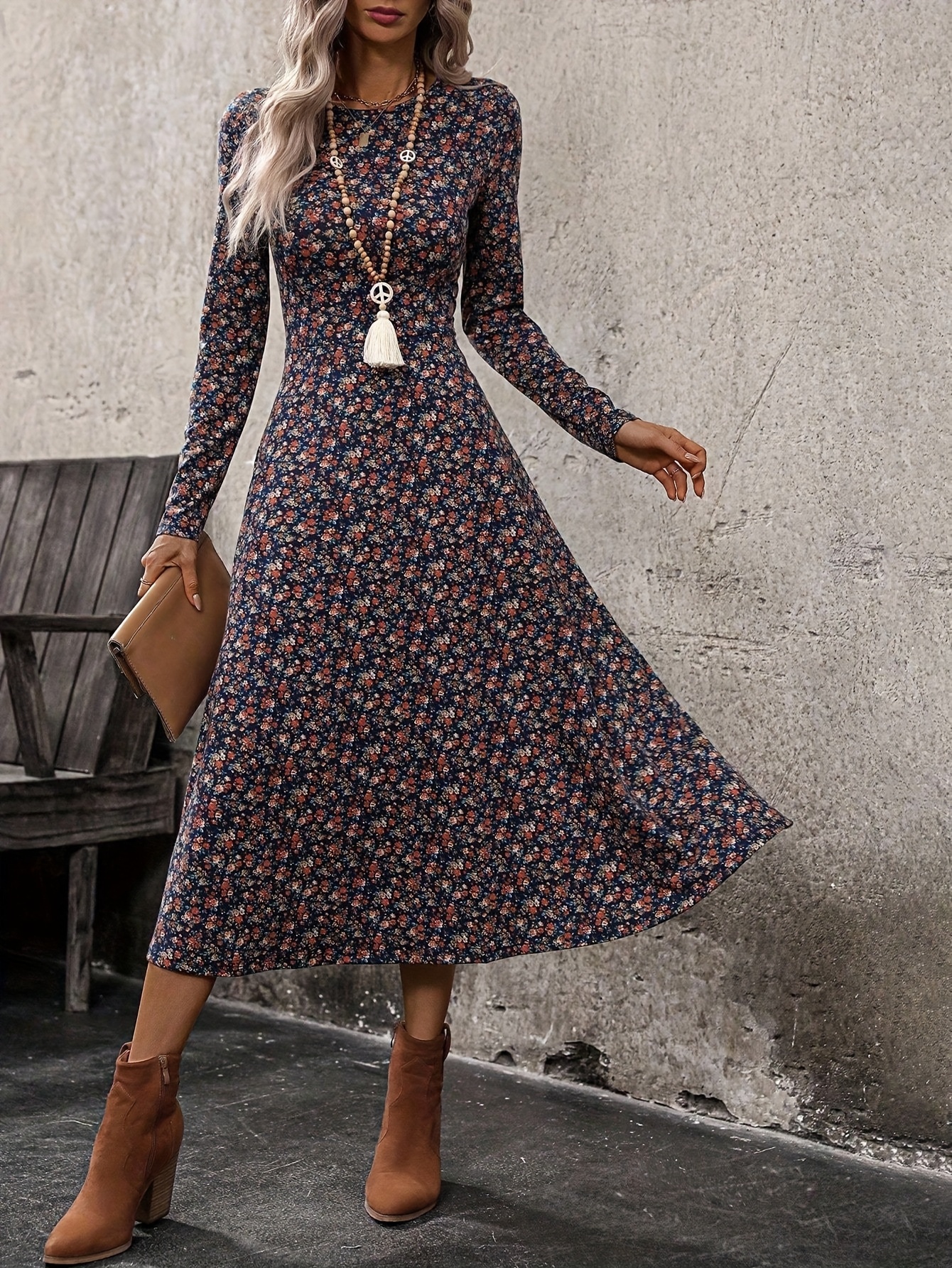 womens elegant a line midi dress full long sleeve round neck