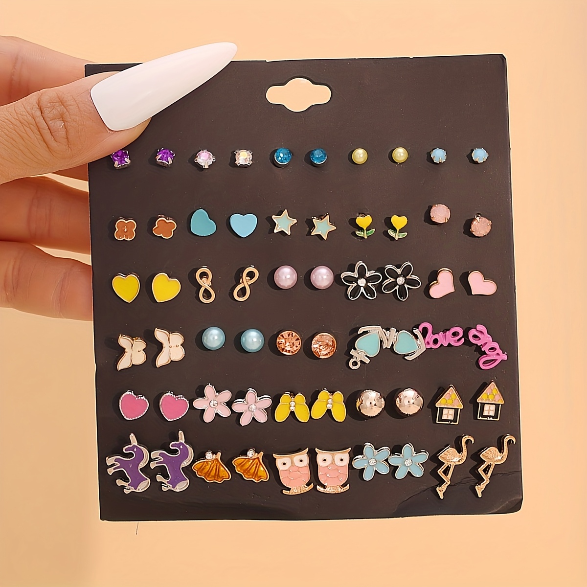 TEMU 30 Pairs Of New Cross-border Pink Flower Owl Oil Cute Animal Small Stud Earrings Set Combination