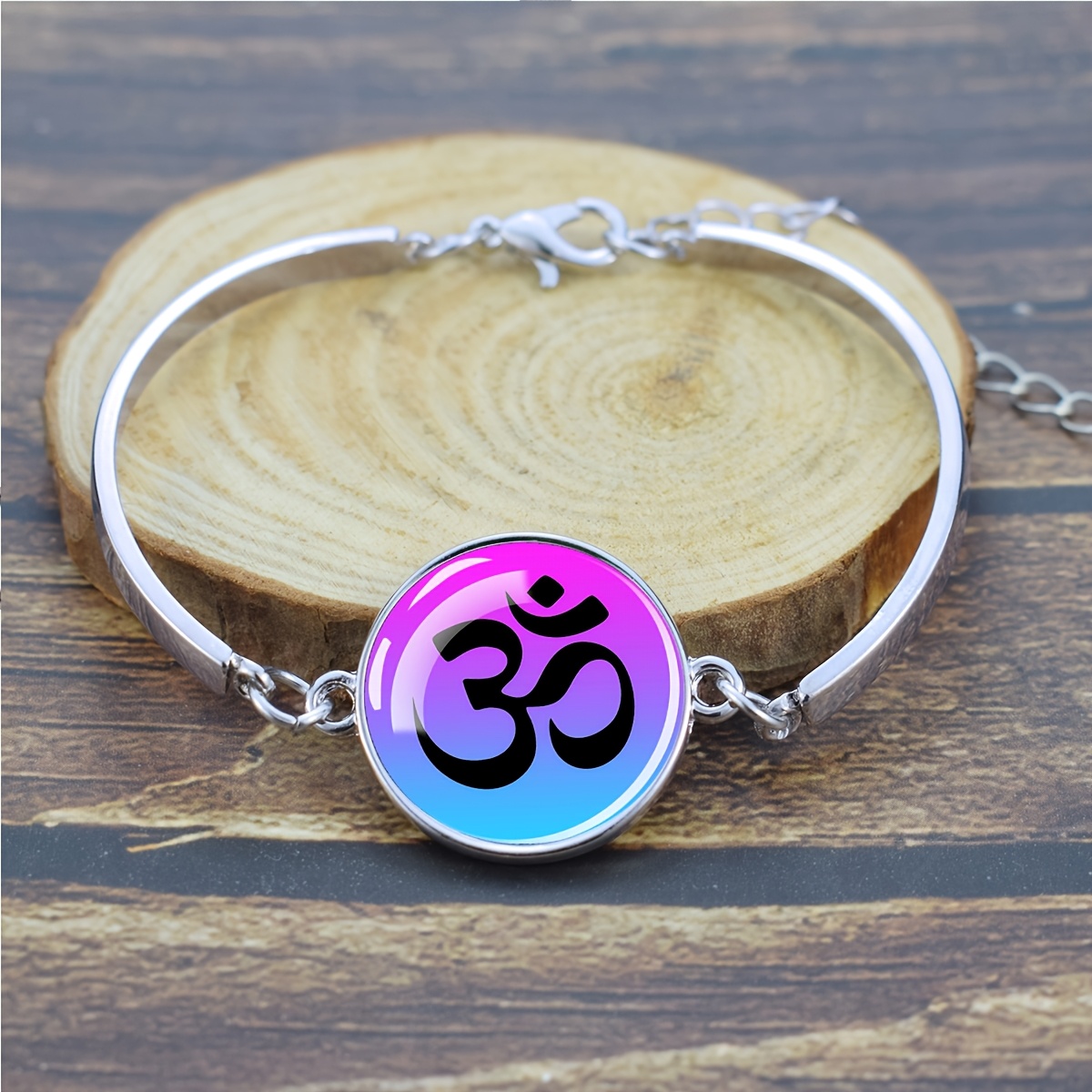Gradient Purple Blue Om Symbol Glass Dome Bangle Bracelet