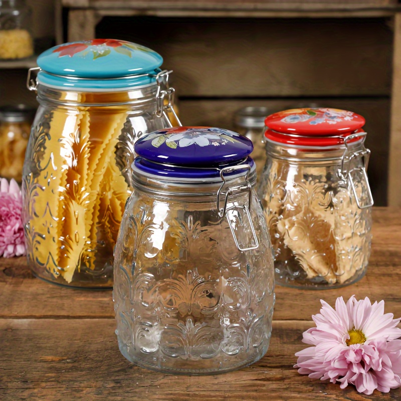 

Floral Embossed Clamp Jars - Set Of 3 - 38 Oz, 67 Oz, 106 Oz - Versatile Storage With Ceramic Lids