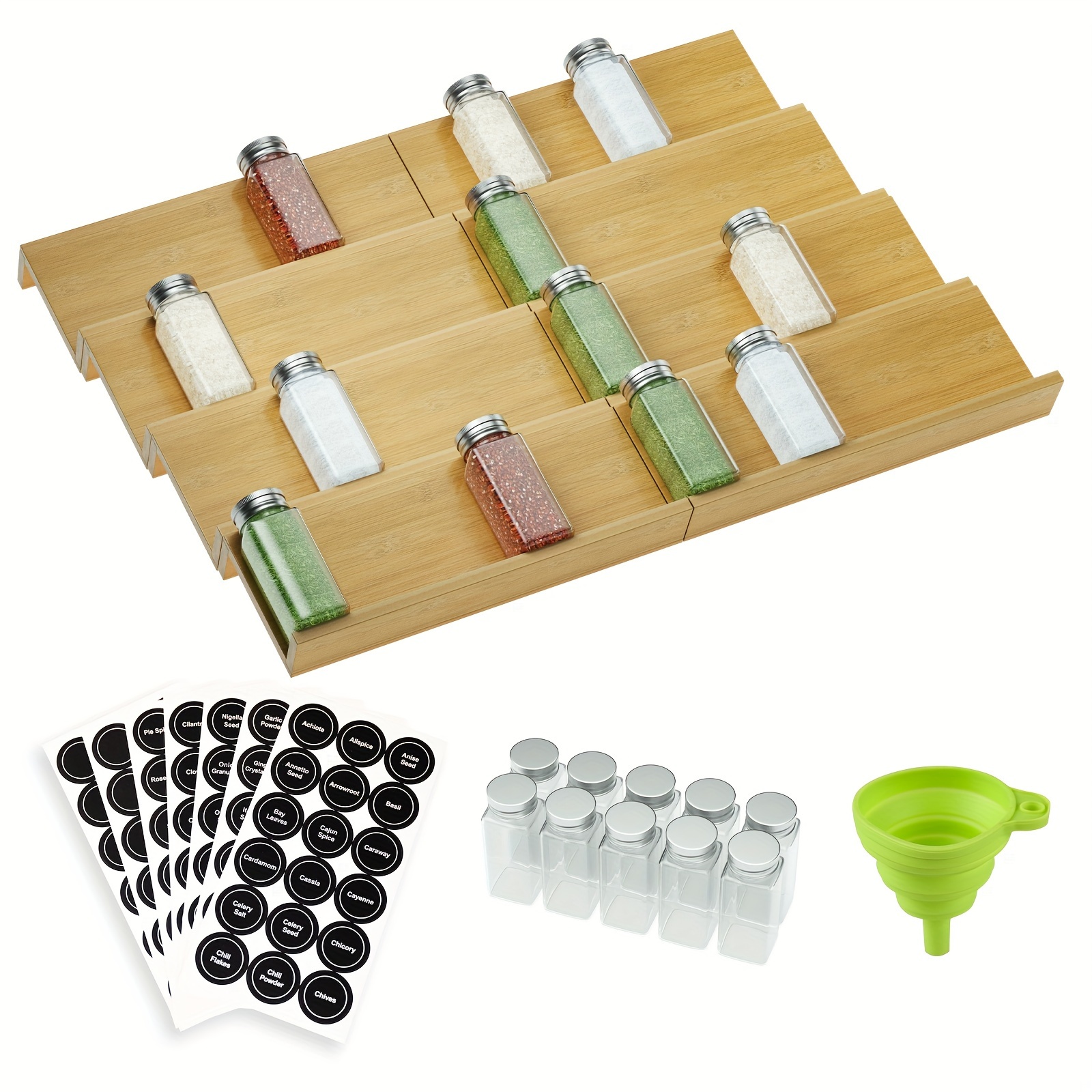 

Bamboo Spice Rack Drawer Organizer, 10 Seasoning Spice Storage Jars Organizer Drawer Rack Insert, 8pcs Set, 126pcs Labels, 1 Funnel, Spice Rack Organizer For Drawer, Kitchen, L26 Xw18.9