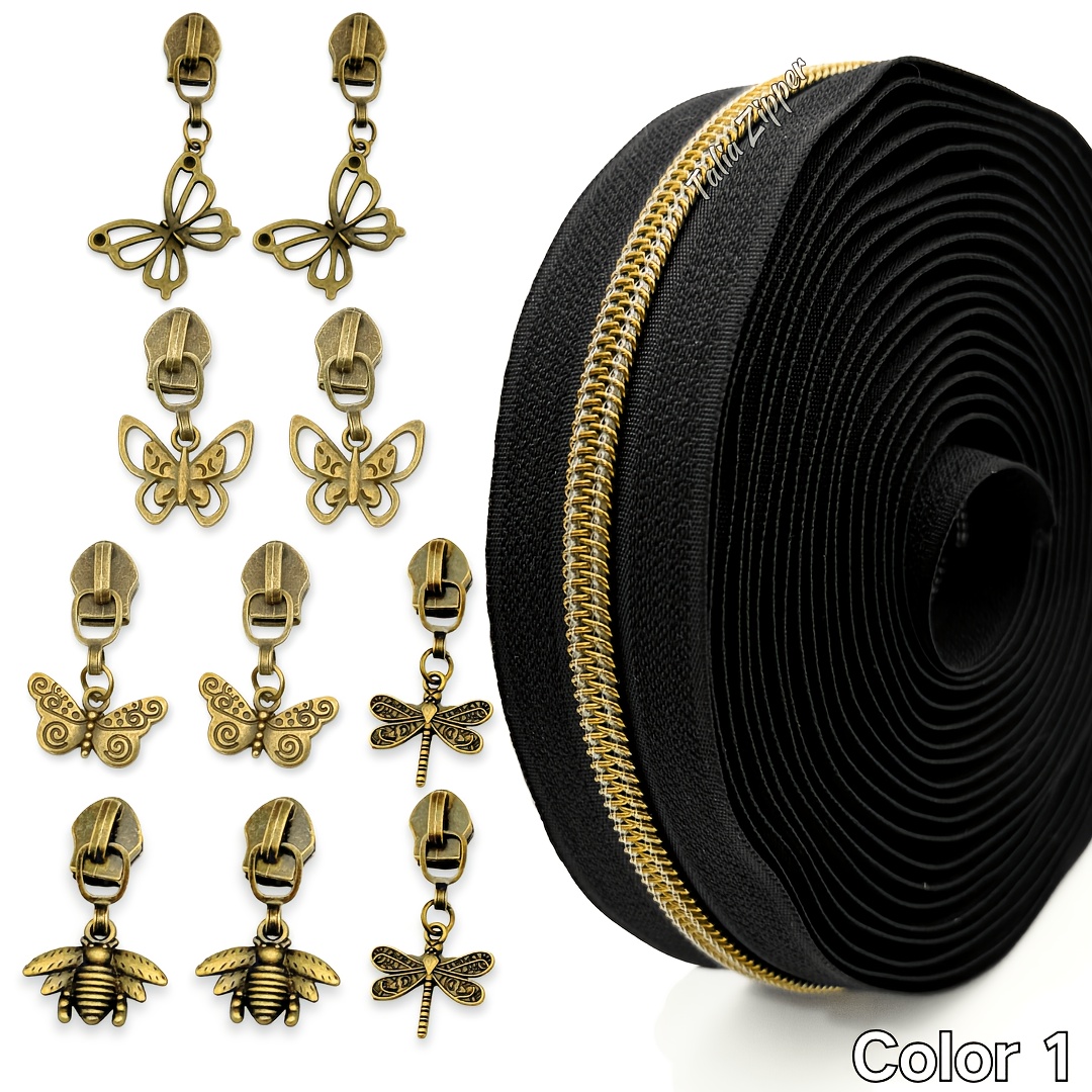 TEMU 5 Yards Fermeture Éclair Nylon Bronze avec 10 Tiges de Fermeture Éclair Insectes, Papillon, , Idéal pour Sacs, Poches, Vêtements, Portefeuilles,