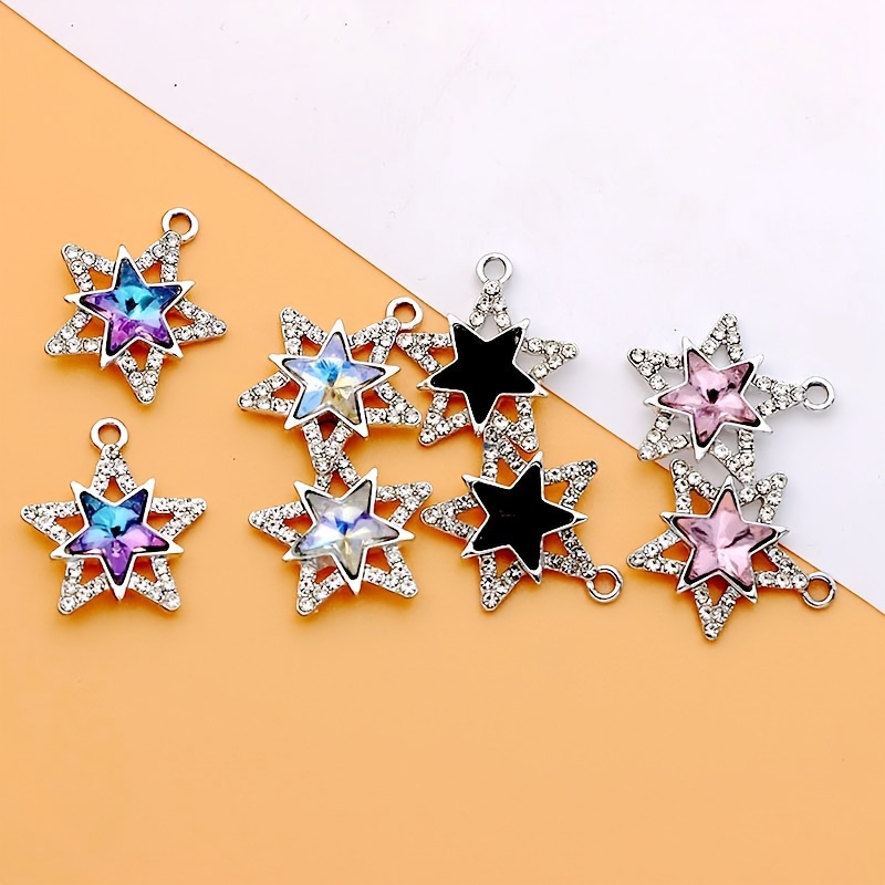 TEMU 8pcs Purple Light Champagne Charm Alloy Star Bright Silvery Earrings Silvery Making Bracelet Diy Earrings Necklace Hollow Star Pendant, Gift For