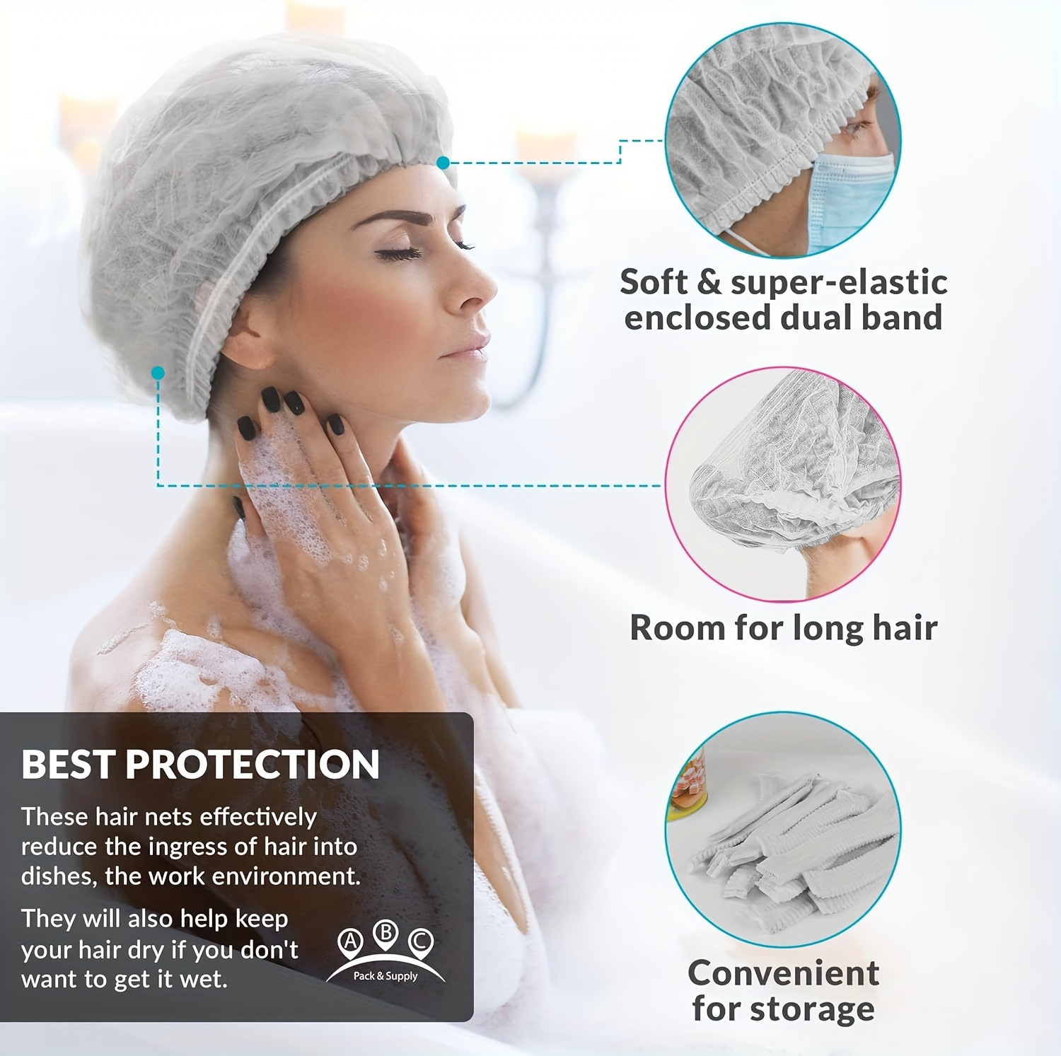 50 штук одноразовых шапочек для душа, шапочек для мытья, сеток для волос, шапочек с эластичной резинкой, универсального размера, подходящих для отелей, ресторанов, салонов, кухни, дома, белого цвета, детали 1