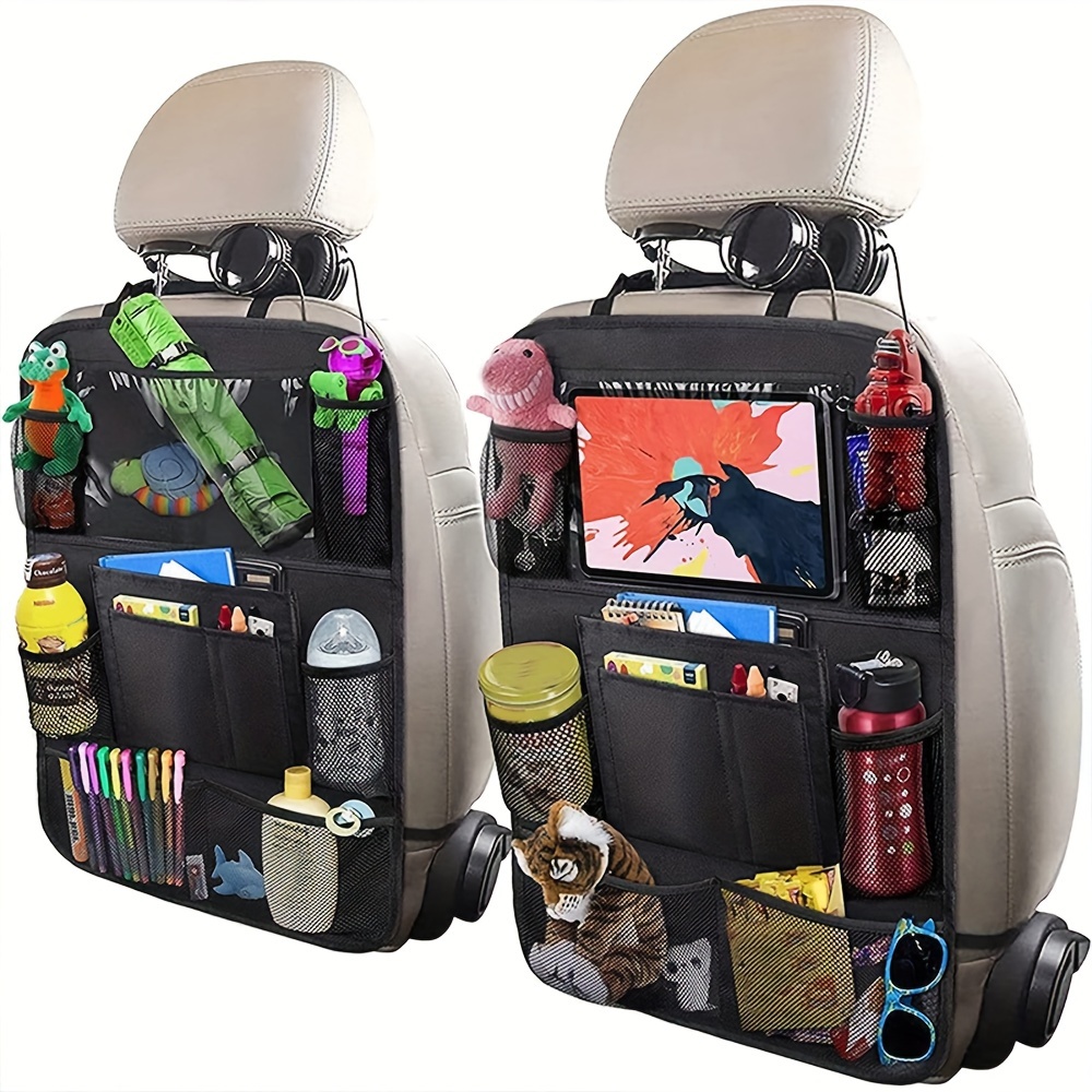 

Car Backseat Organizer With Clear Tablet Holder, 10 Storage Pockets Seat Back Protectors Kick Mats Travel Accessories