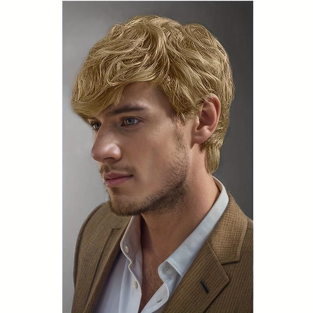 Mens Blonde Wig Short Layered Wavy Hair Wig Synthetic Halloween Cosplay Wigs For Male