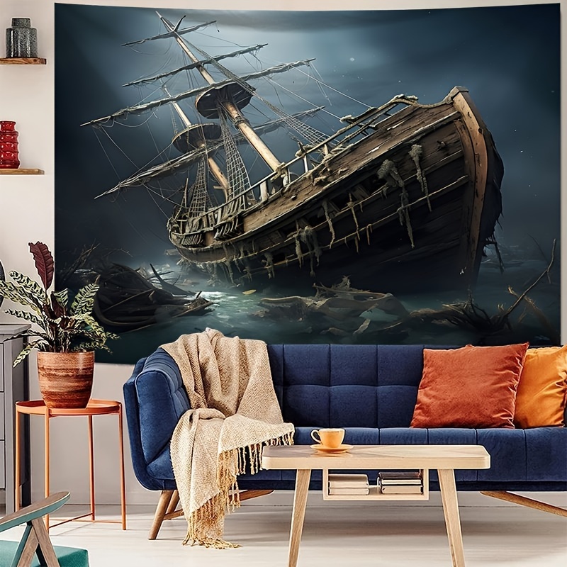 Room Decoration Hanging Cloth Pirate Ship Dark Clouds Waves - Temu
