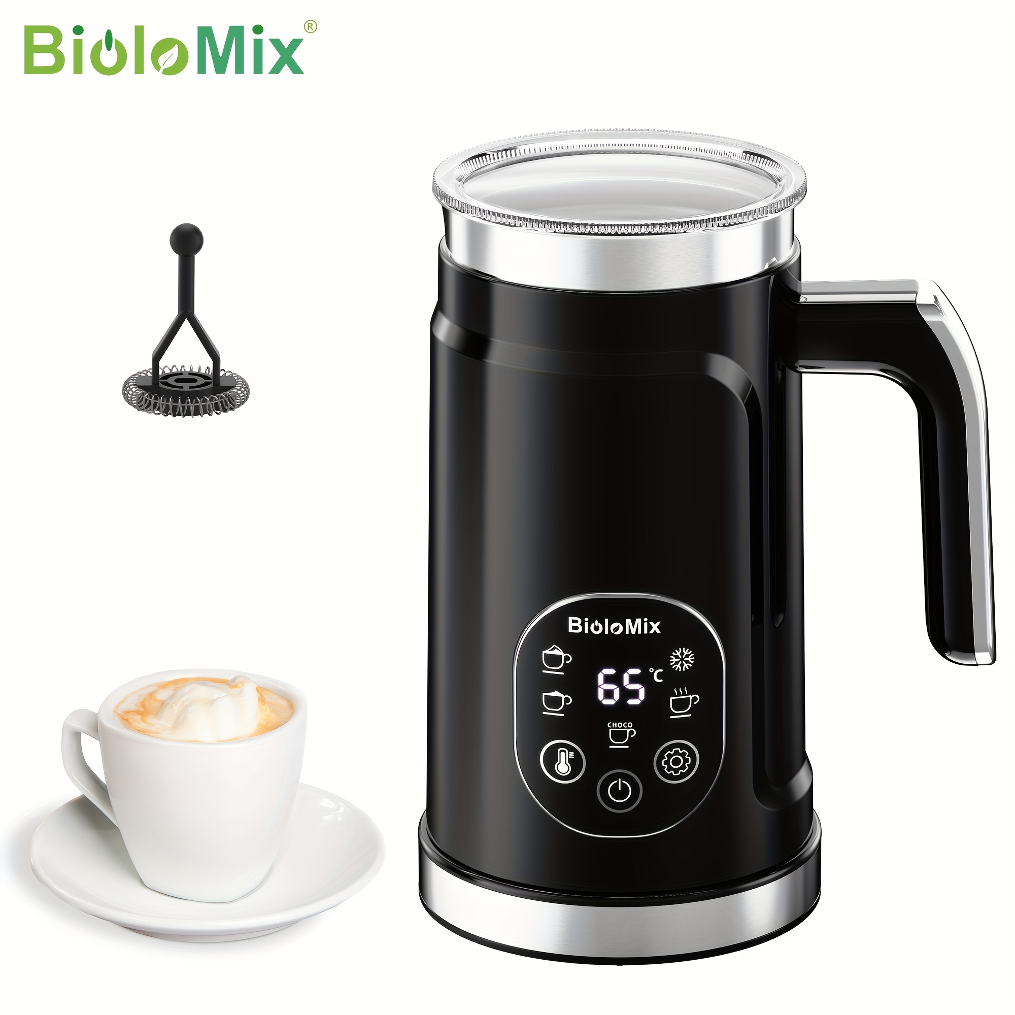 Image of Biolomix Automatic Milk Frother With Digital Touchscreen & Adjustable , Instant Milk Foamer For Latte, Cappuccino, Suitable For, Office, Cafes, Eu Plug (compatible For Milk Types)