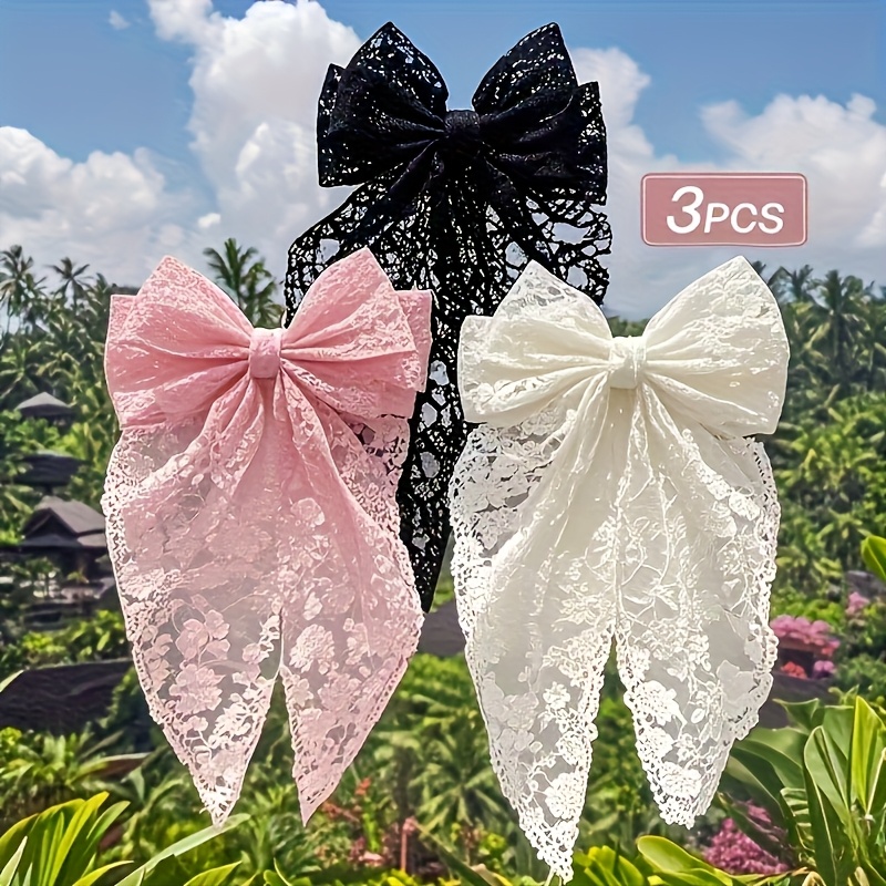 TEMU 3-pack Elegant Lace Bow Hairpins - Black, Pink, - Elegant Hair Clips With , For Weddings, Parties, Everyday - Valentine's Day Gift For Her, Feminine Hairpiece, Durable Hairpin