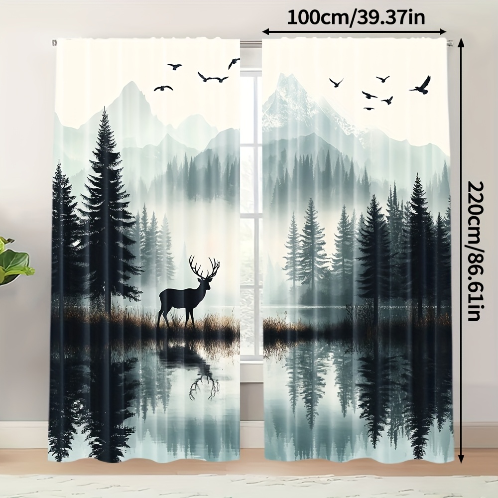 TEMU 2pcs Rideaux Style Art Déco - Impression dans Brumeuse & de Forêt, Draperies Filtrantes en Polyester 100% Durable pour Chambre à Coucher, Salon,