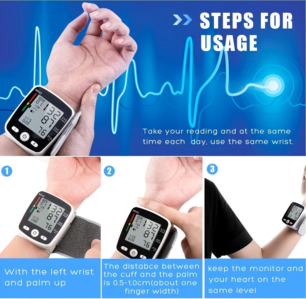 wrist   digital bp monitor rechargeable bp machine with 2x99 readings memory large lcd display voice broadcast portable carrying Product details 2