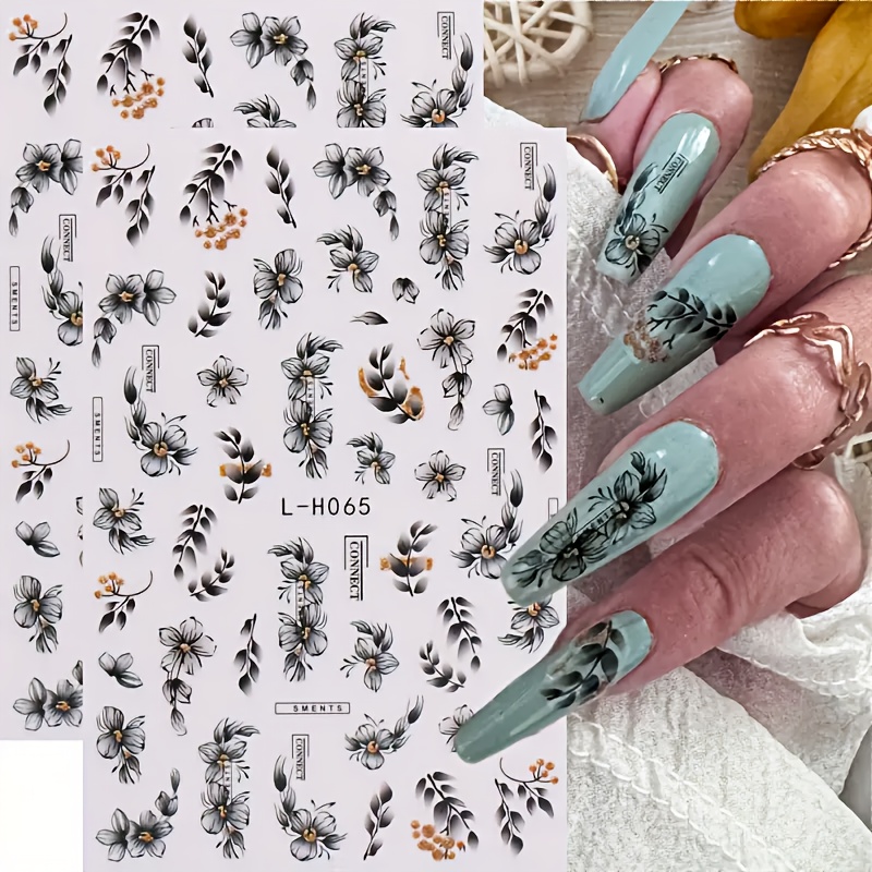 

Stickers floraux pour nail art, autocollants en résine auto-adhésifs avec paillettes, mate, thème végétal, irrégulière, unique, pour en plastique - L-H065