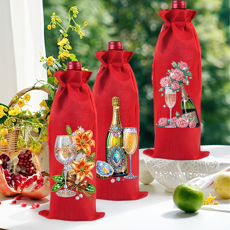 TEMU 3pcs 5d Diamond Painting Bag Set, Suitable For Wine, Decorative Red Wine And Champagne Bags, Adult Design. This Diamond Painting Kit Includes