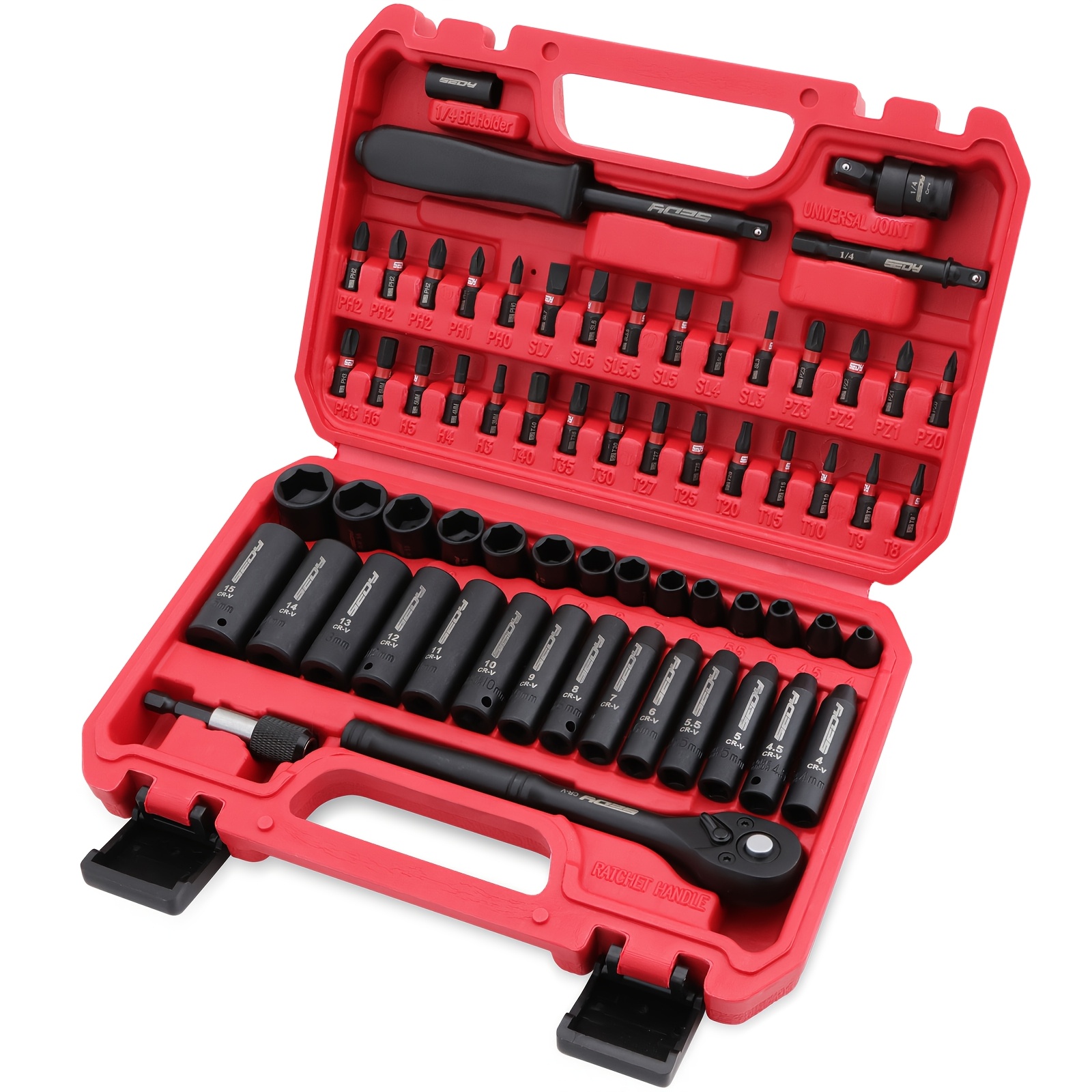 TEMU SEDY 64pcs 1/4 Pouce ( 0.6 Cm) Jeu de Tiges à Clé à Douille à Percussion, Tête de Tournevis, Ensemble de Douilles Profondes et Shallow Métriques