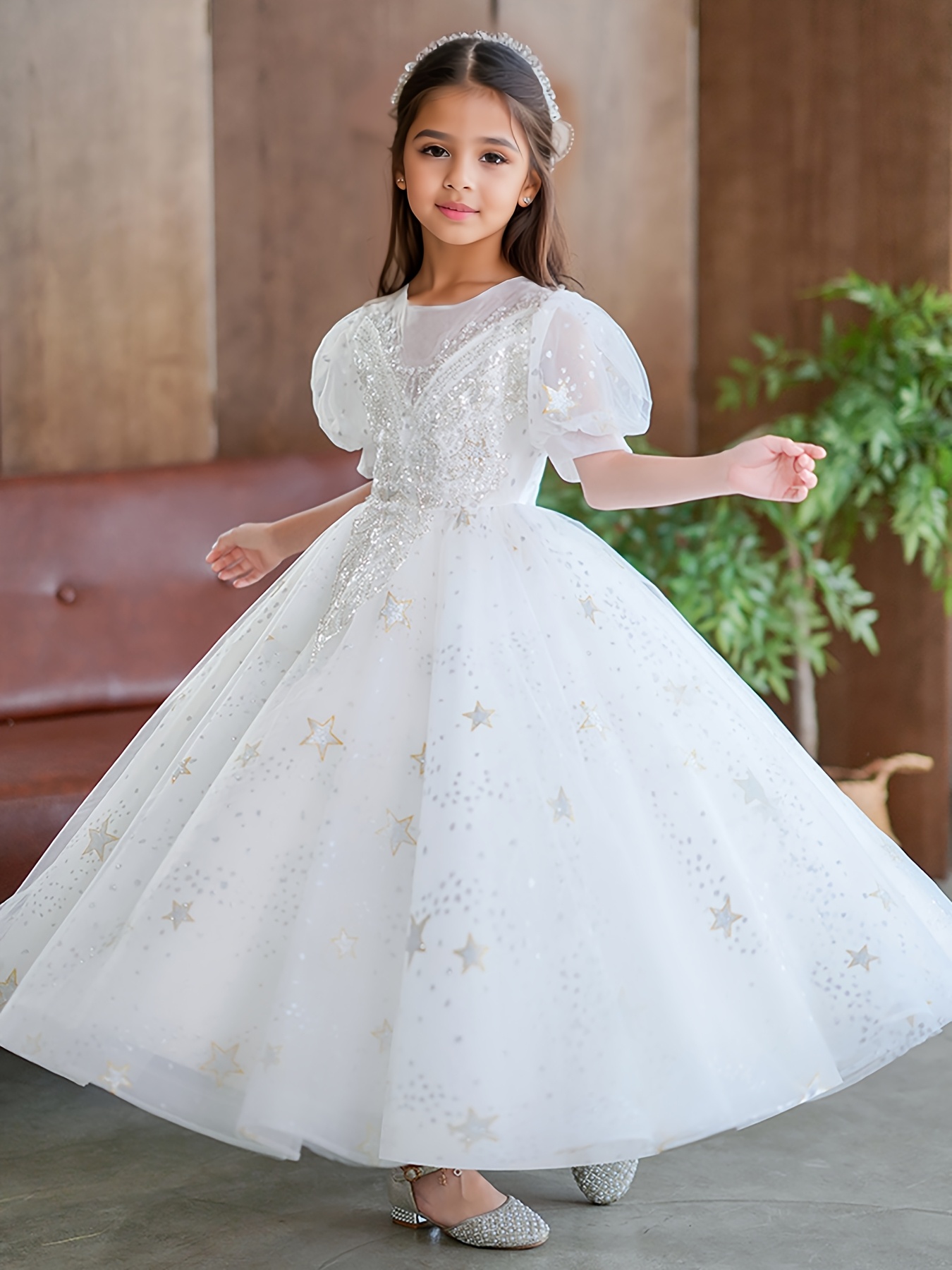 girls elegant long formal dress with lantern sleeves geometric lace overlay white princess party wedding guest gown for a line tulle skirt special occasion attire princess dress for girls formal wear sophisticated