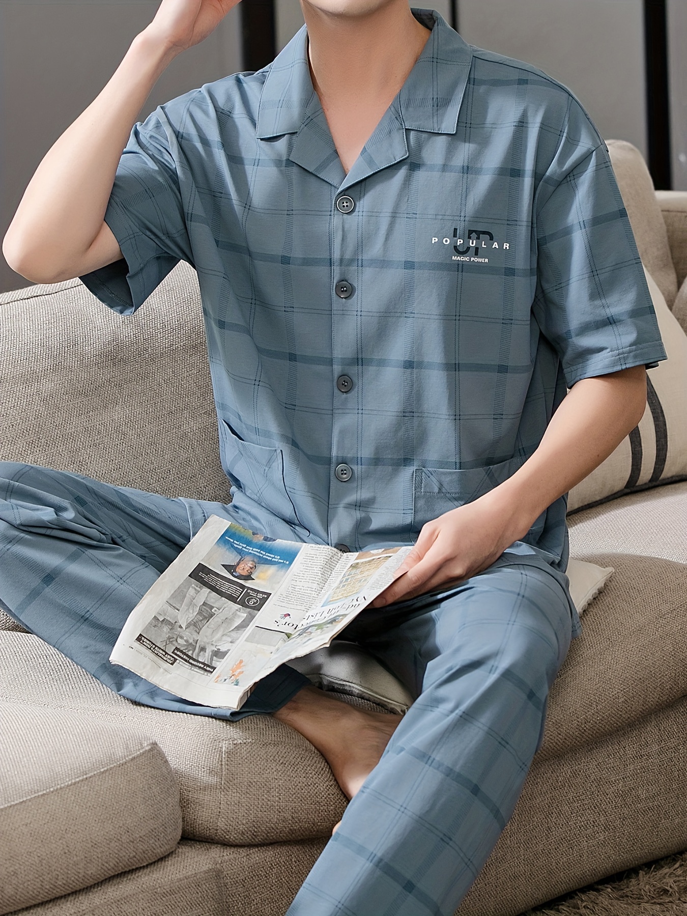 Plus Size 2 Pcs Men's 100.00% Cotton Plaid Print Lapel Short Sleeve & Trousers Pajama Set, Comfy & Skin-friendly Style Pajamas For Men's Cozy Loungewear