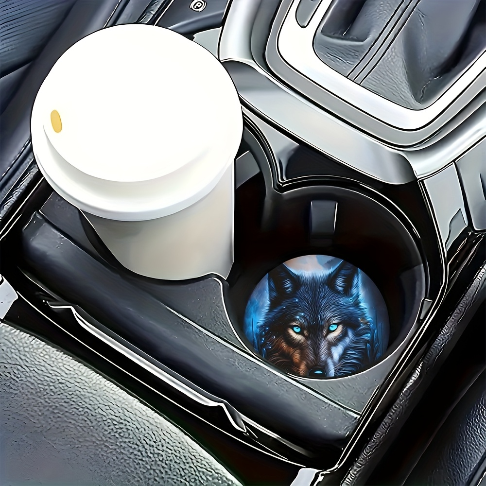 2pcs of Blue Flame Wolf King Patterned Absorbent Car Cup Holders And Coasters