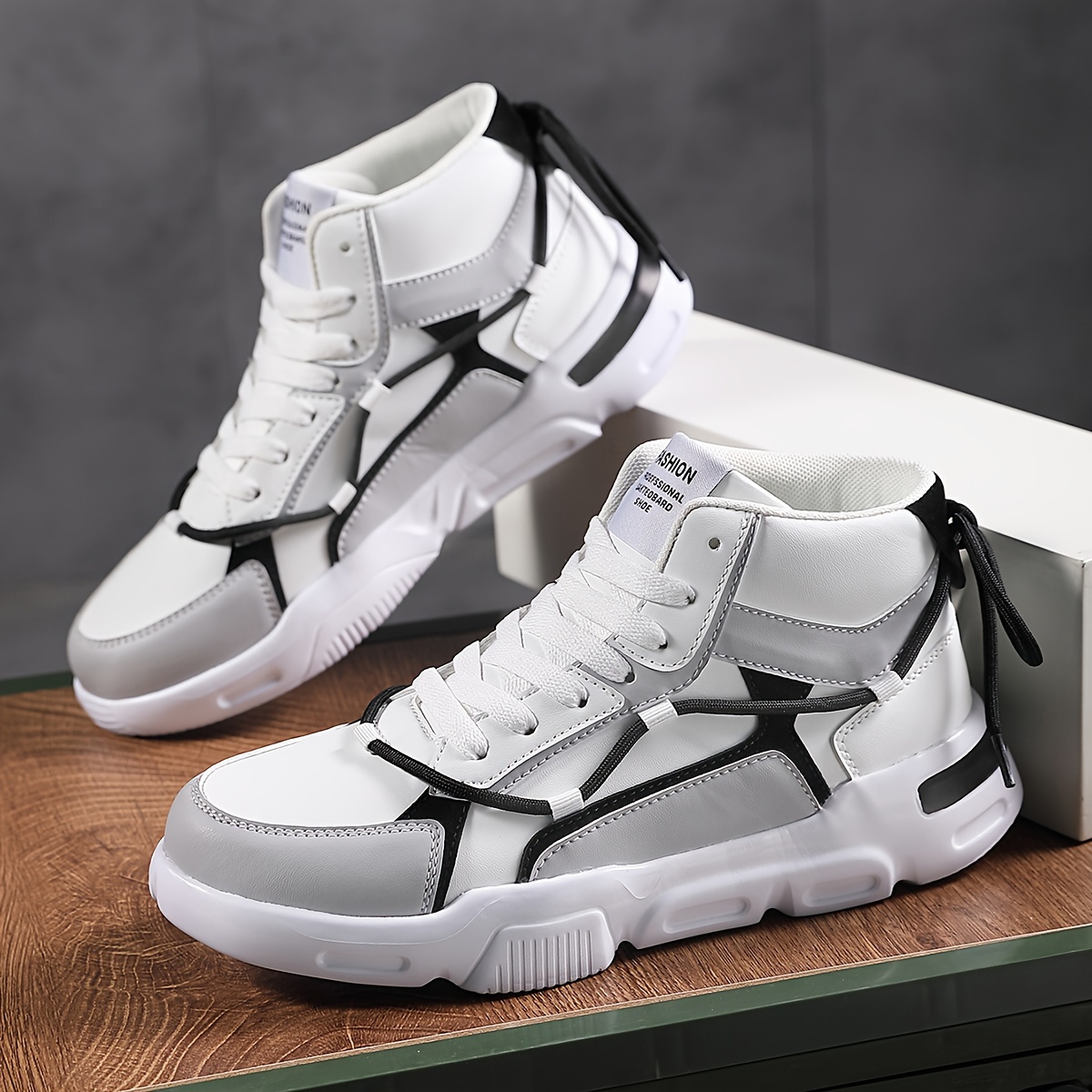 Men'S Front Strap Letter Pattern Contrast Color Double Shoelaces Fashion Design Outdoor Breathable High Top Casual Sneakers