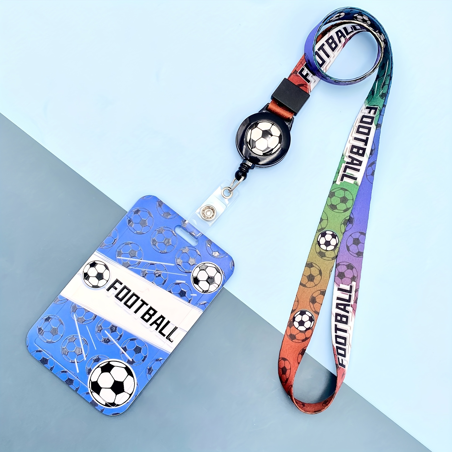 TEMU 2d 1 Sliding Football-patterned Card Holder With , Suitable For Students; Protective Id Card Case With Adjustable Lanyard, Applicable To Campus