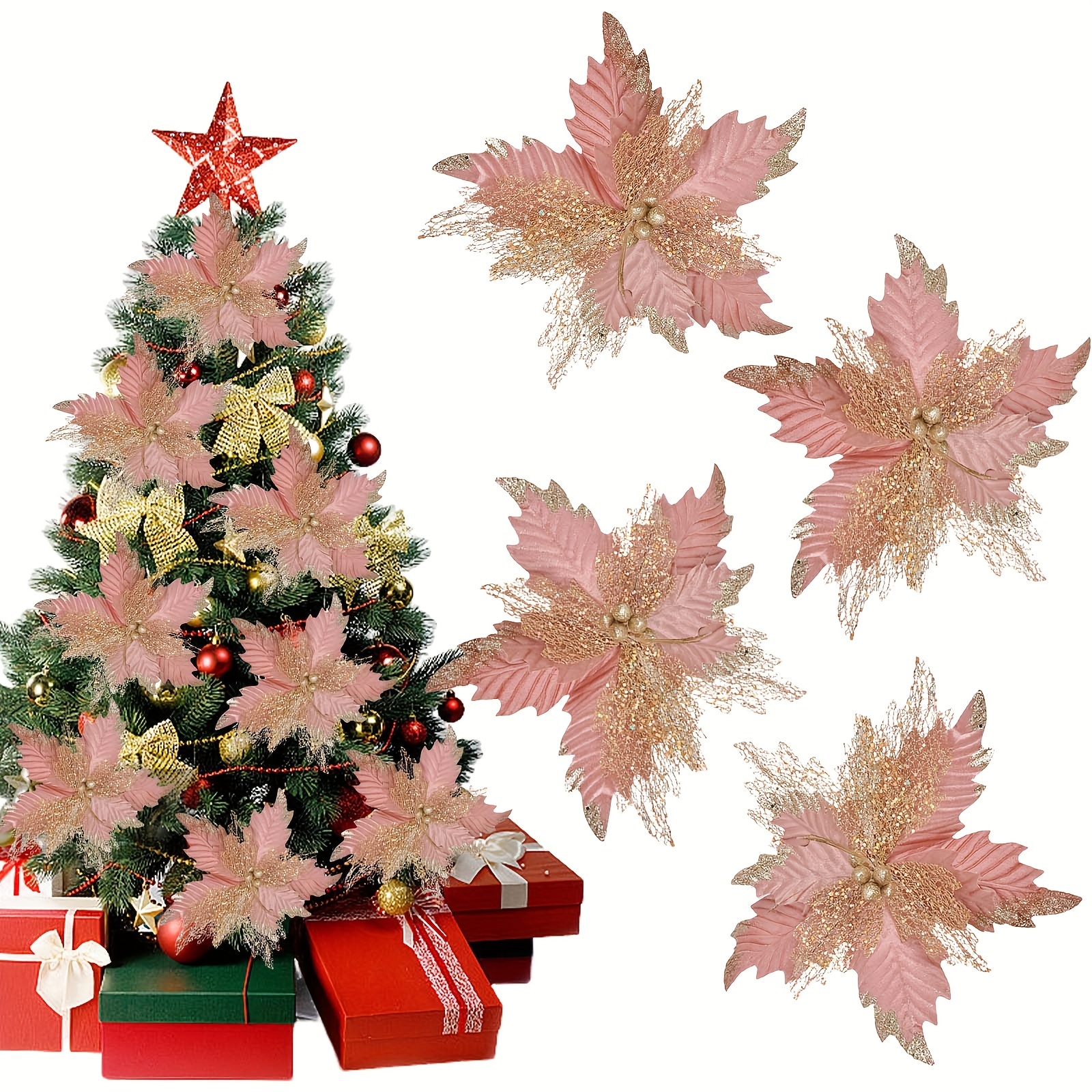 

Set Of 4 Glitter Poinsettia Artificial Flowers, 14.17" Christmas Tree Ornaments, Tabletop Faux Floral Decor For Holiday Wreath, Diy Party Decoration, Winter Season Festive Accents