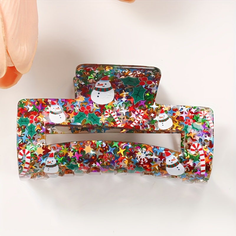 TEMU 1pc Acrylic Hair Clip, Christmas Themed, Sequins, Santa & Gingerbread Print, Rectangular, Large Size, Elegant & , Hair Grip For Women & Teens