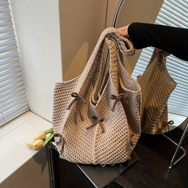 E-shop Vintage Stricktasche mit Schleifen-Dekor, hochwertige gewebte Tasche, große Tragetasche für den , Damen-Schulterhandtasche