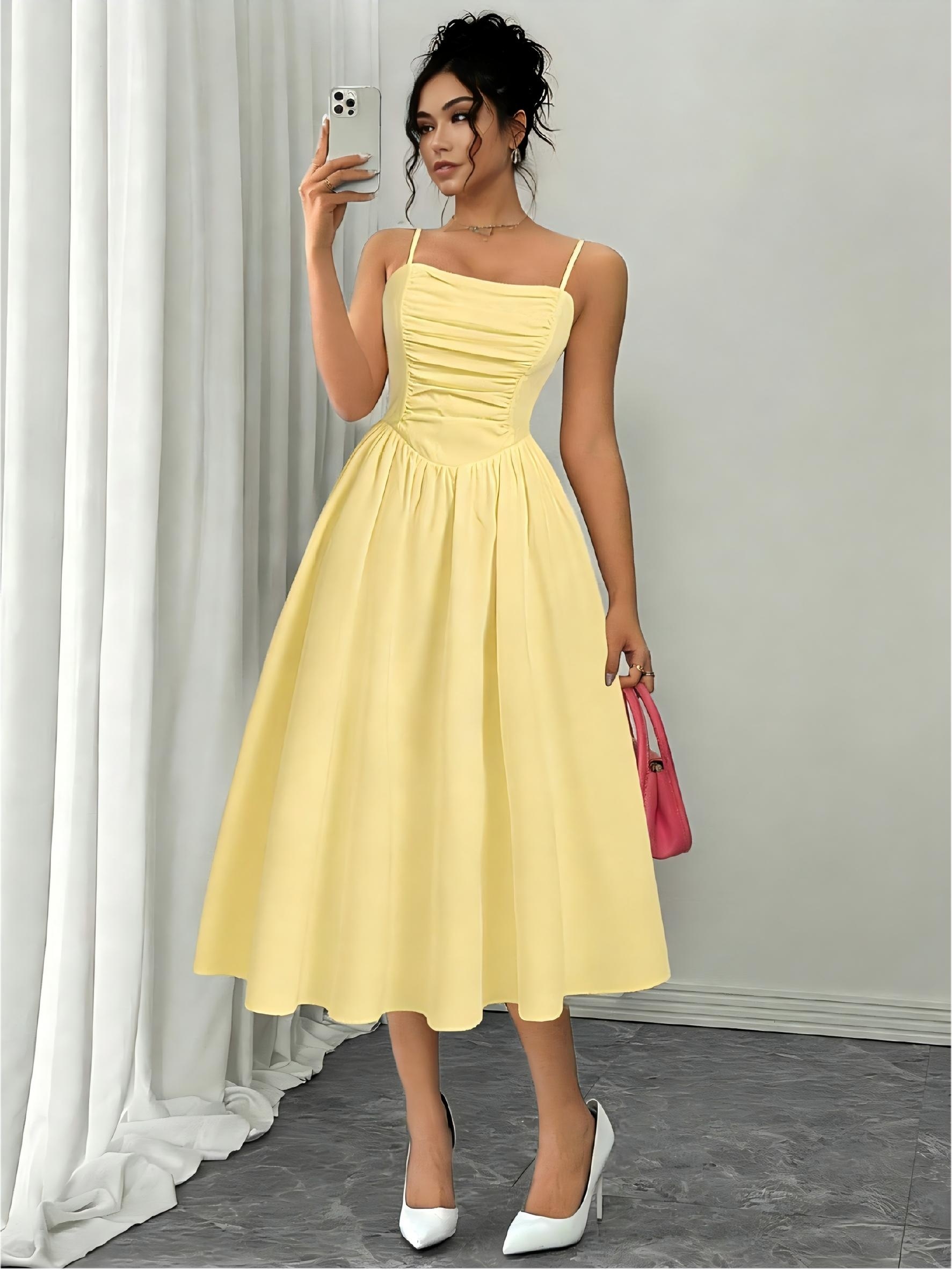 womens elegant shoulder a line dress ruched detailing solid - Temu Mauritius