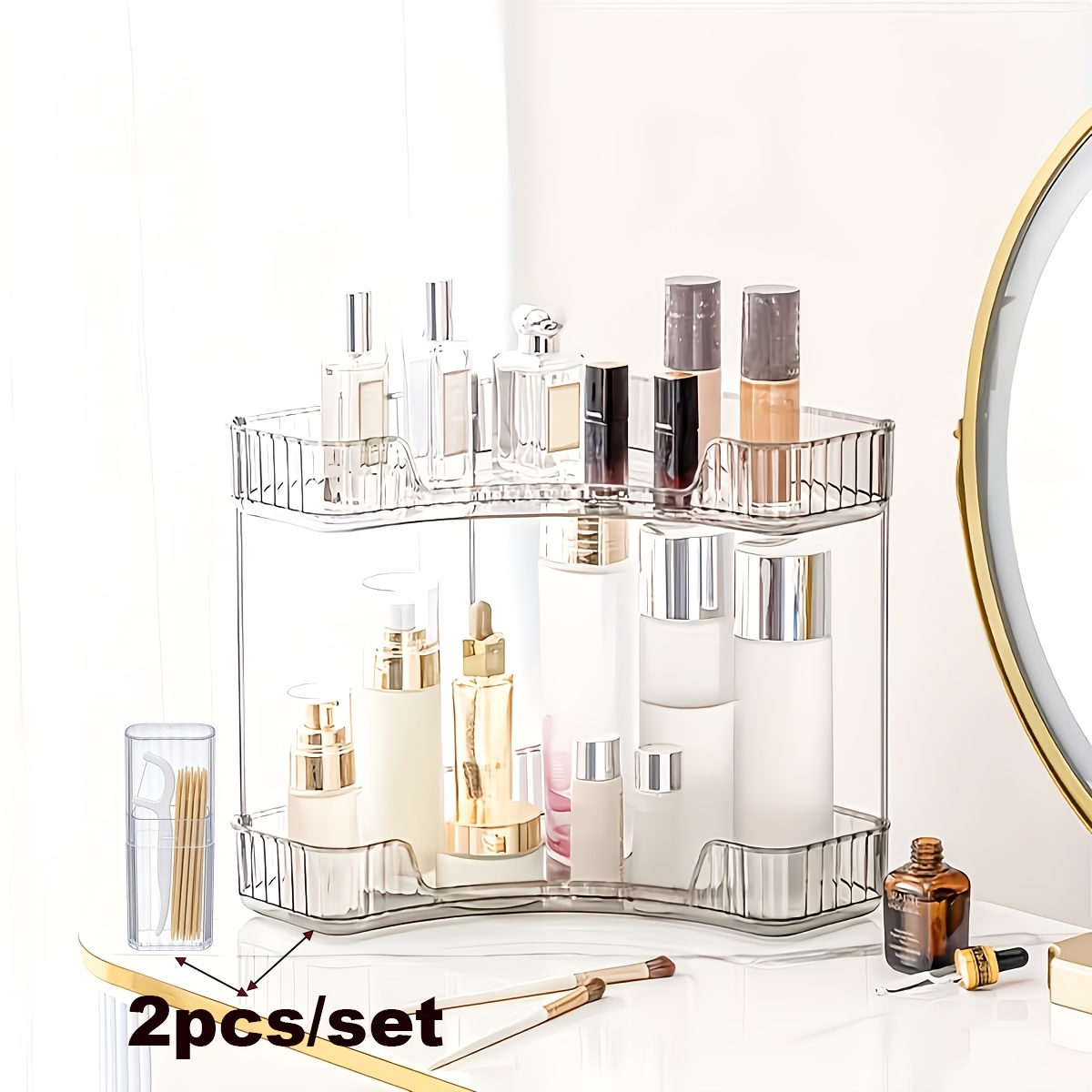 TEMU 2pcs/set Two-tier Multi-functional Storage Shelf, Large-capacity Corner Cosmetic Organizer, Swab Storage Box, Desktop Organizer For Figurines,