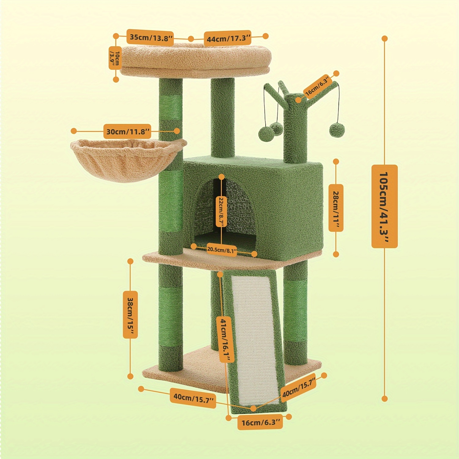 TEMU 105cm Cactus Cat Tree For Indoor Cats, Multi-level Cat Tower With Large Condo, Hammock & Scratching Ramp, Stable Activity Center, Design