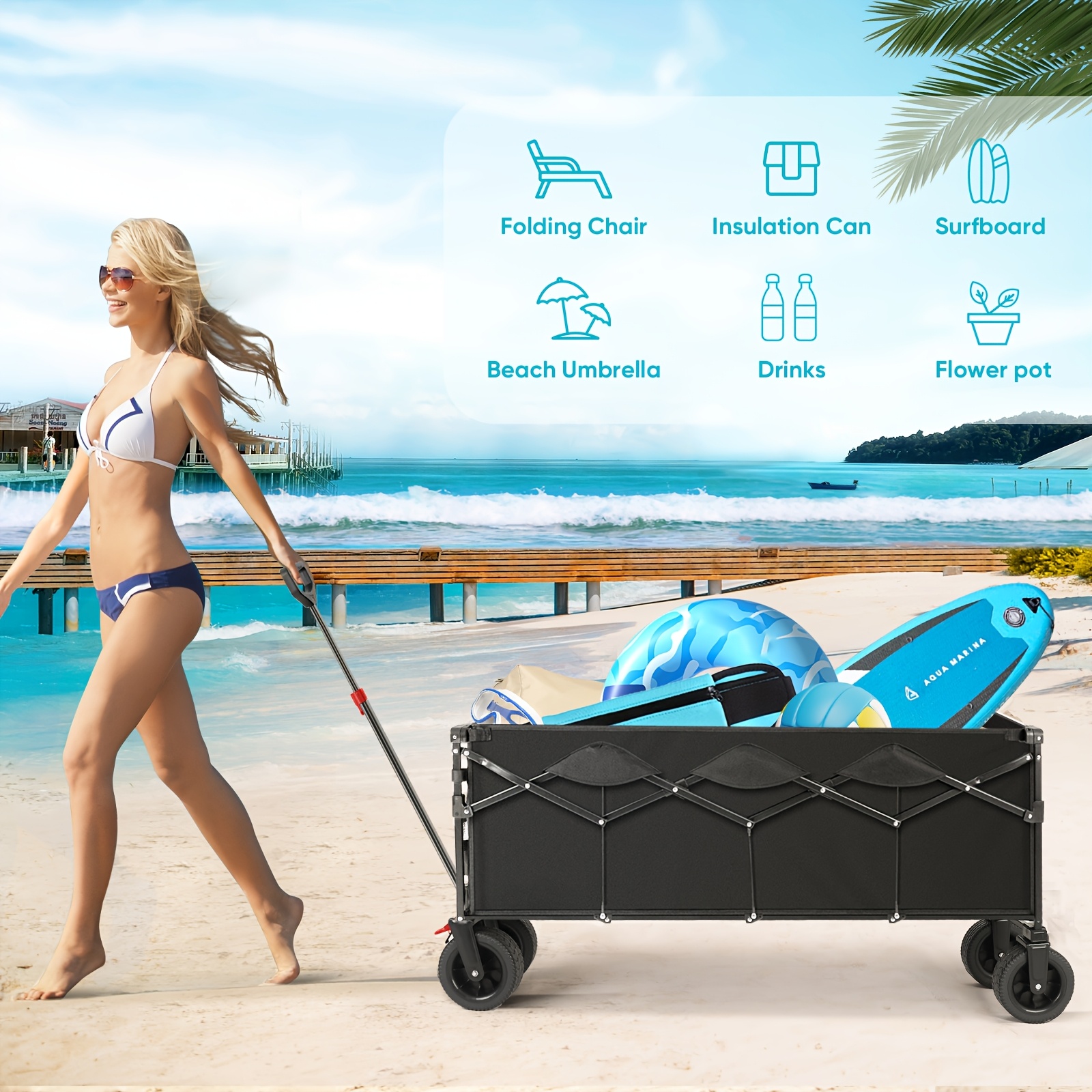 Collapsible folding garden cart with extended tailgate, 500L large capacity, heavy-duty steel frame, supports up to 440 lbs. Equipped with oversized all-terrain wheels for smooth movement on sand, grass, and gravel. Ideal for shopping, camping, garde