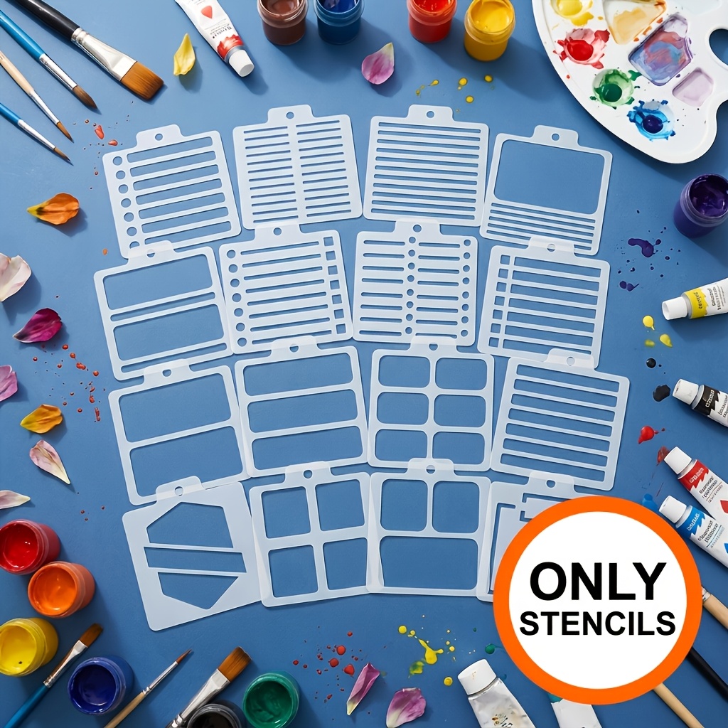 TEMU 16pcs Reusable Journal Template Sheets - Pet Stencils With Grids, Dividers, Hearts, & Shapes Suitable For Planners, Scrapbooking, Crafts,