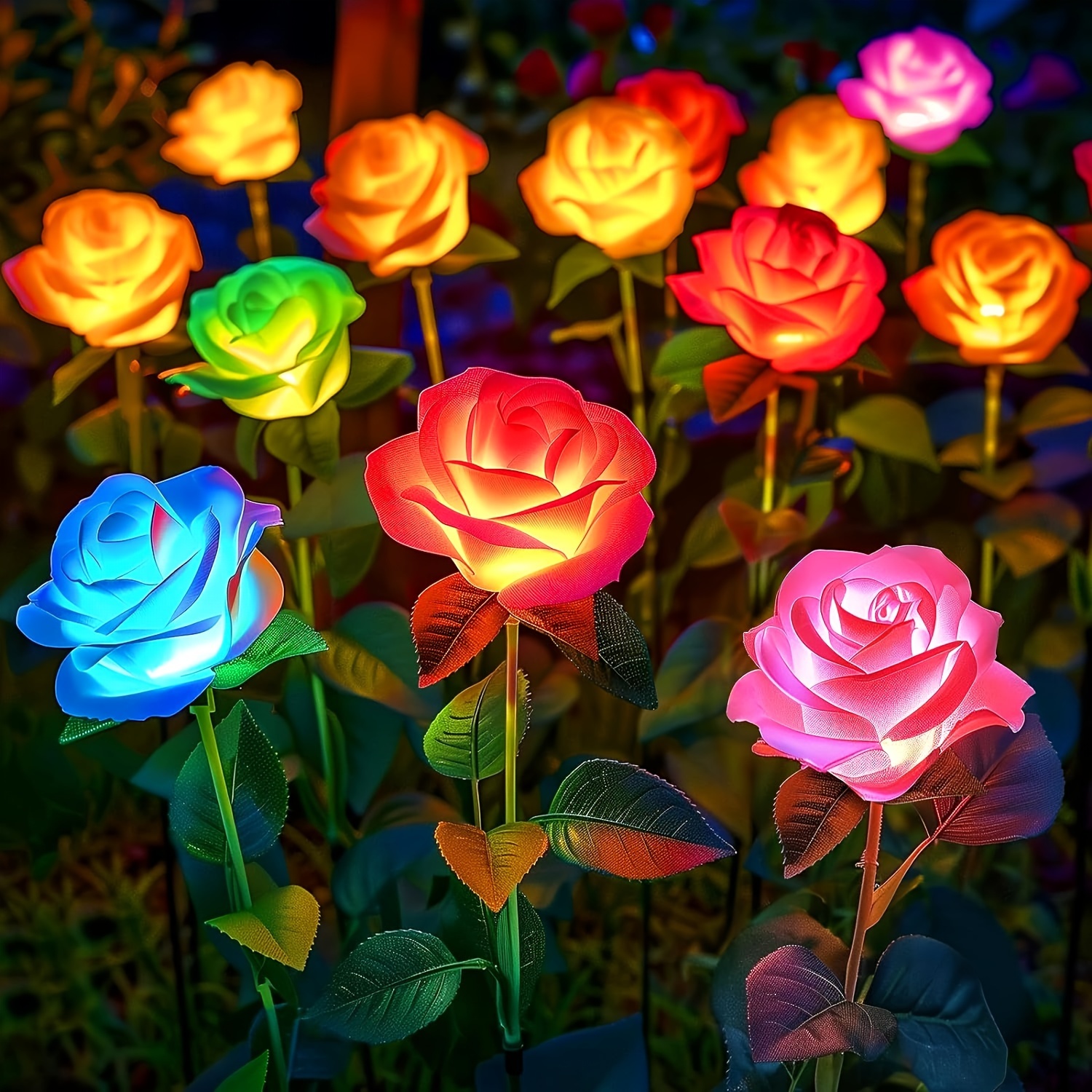 

4 Pack Garden Decor Solar Outdoor Lights Decorative, 7 Color Charging Garden Lights Solar Powered Solar Flowers With More Realistic Roses For Yard Decoration