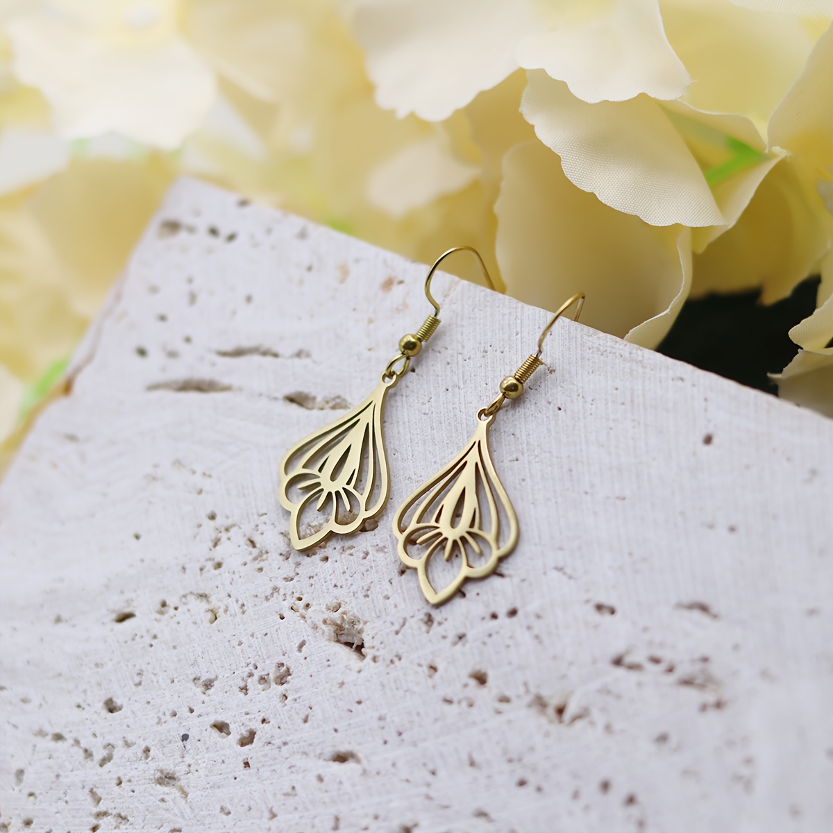 Image of Hollow Lotus Flower Earrings Made Of 304 304 304 304 Stainless Steel, Designed In A Petal Shape, Handcrafted, Without Battery