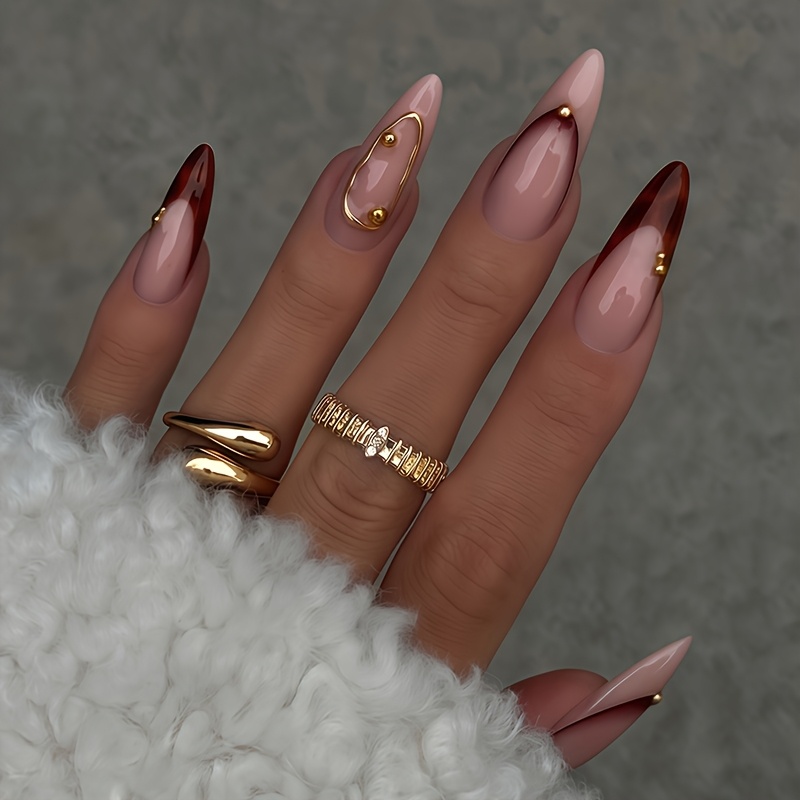 TEMU 24pcs Leopard Press On Nails Long Stiletto/almond Acrylic Nails Xxl/xxxl Brown Tips Nail Reusable With 3d Golden Chrome Line And Steel Bead