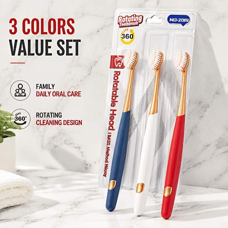 3pcs Rotating Head Manual Toothbrush Set with Gold-Tone Handle