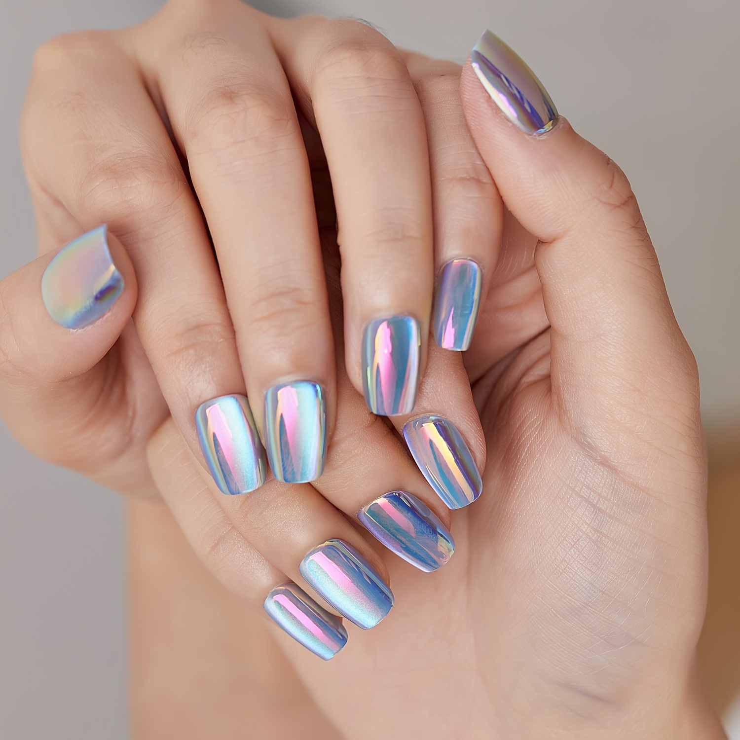 

Blue & Pink Aurora Holographic Press-on Nails - 30 Pcs Square Short Iridescent Faux Nail Set With - Universal Fit With Diverse Sizes, Quick Application For Luxurious Manicure