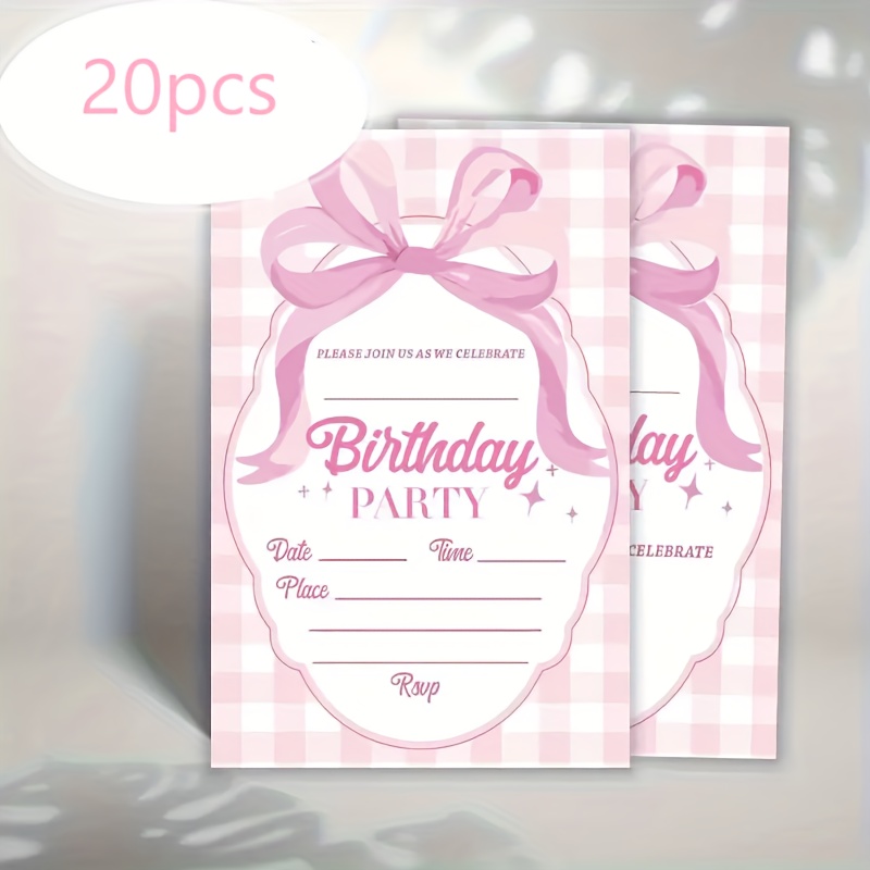 E-shop 20 Stück Rosa Schleifen-Geburtstagseinladungen – Elegantes Karo-Design mit Band Sternenverzierungen, für Klassenkameraden, Freunde, Töchter,