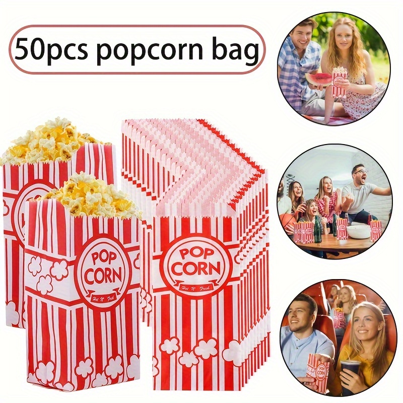 

50pcs Plastic Popcorn Bags For Parties - Carnival-themed Snack Packs, Striped Goodie Bags For Christmas Circus Party, Candy & Cookie Treat Bags For Festive Supplies