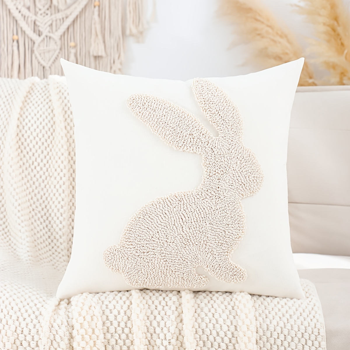 Image of 1pc Traditional-style Easter Decorative Throw Pillow Cover, Rabbit & Egg Cluster Embroidery, Geometric Pattern, Hand Wash Only, Zipper Closure, Woven Polyester, For Living Room - White