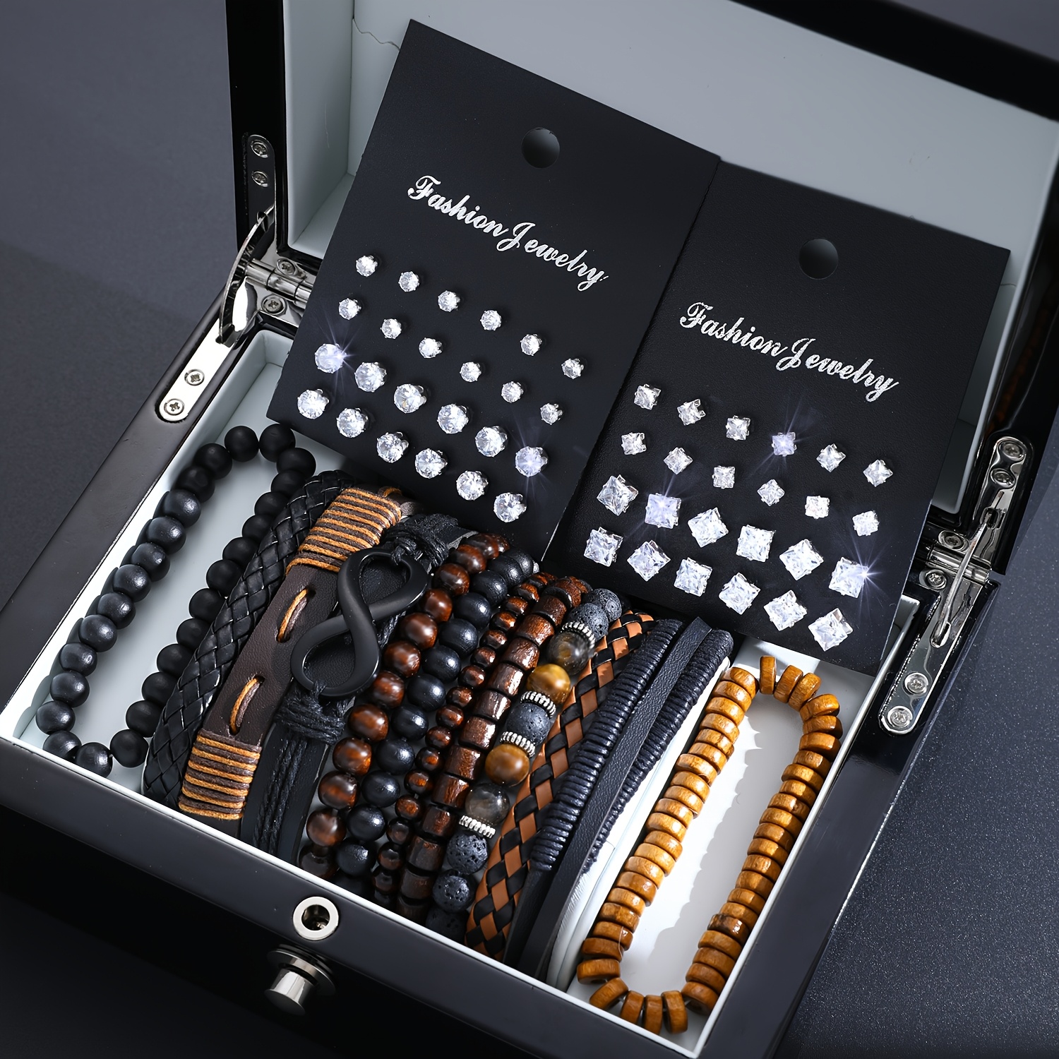 TEMU 60pcs Set Of Vintage Fashion Men's Bracelets And Synthetic Earrings 2in 1 Multi-piece Jewelry Set, Suitable For Daily Wear And Holiday Gifts.