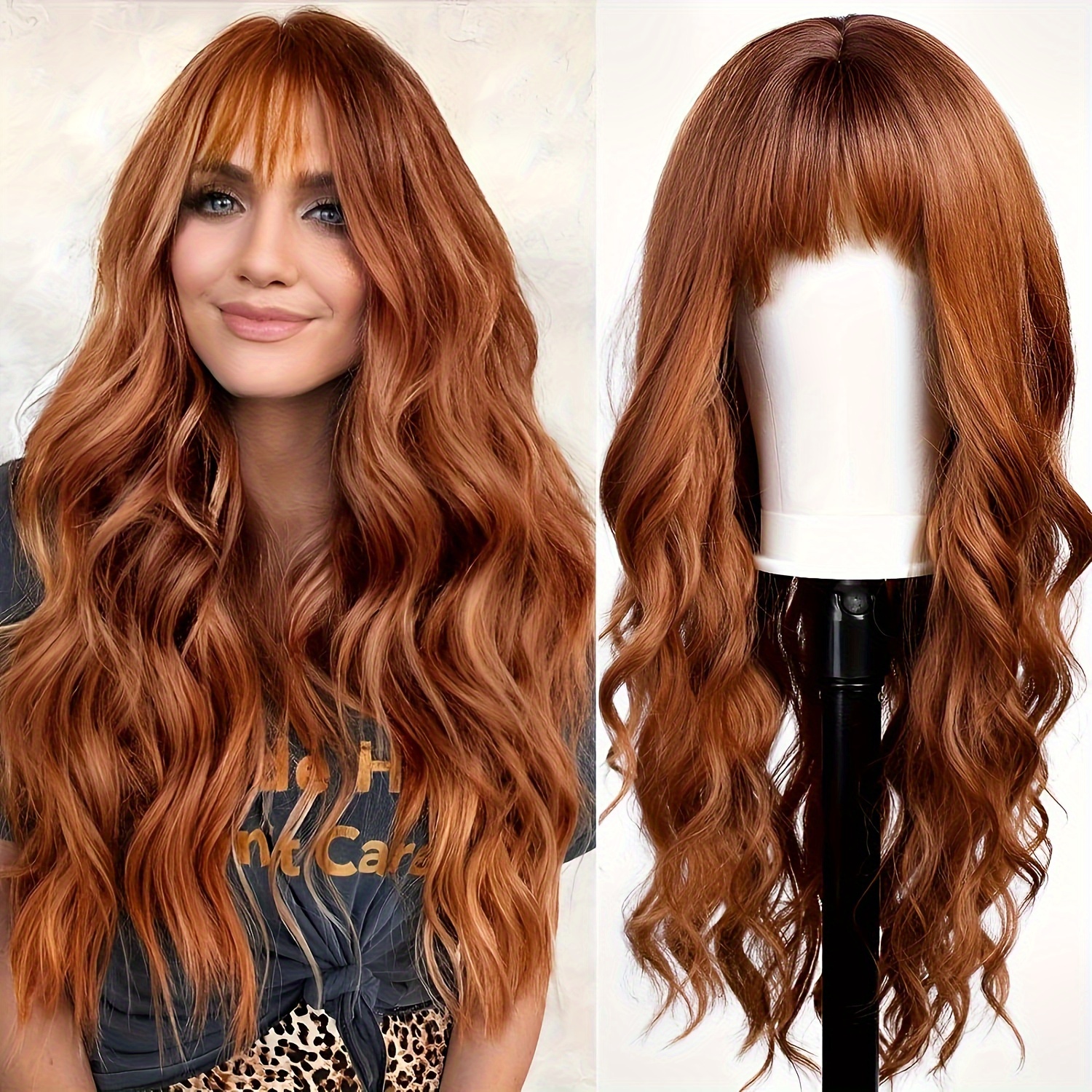 

Elegant Curly Wave Wig For Women - Tang Long Fiber, Net Cap, High Density 150%, Copper Red With Bangs