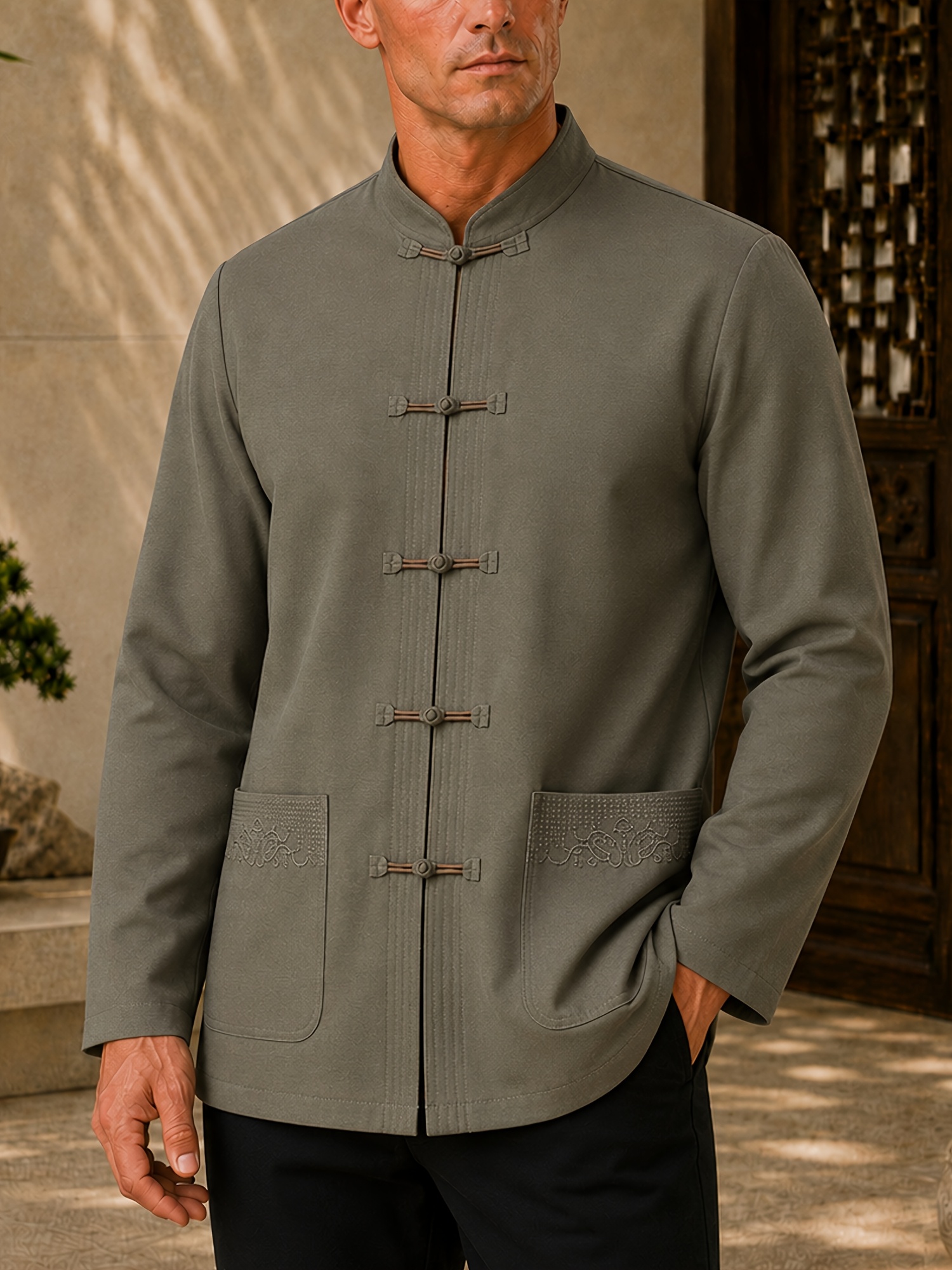   obm random print spring autumn new mens traditional tang suit top new chinese style embroidered button garniture short stand collar open front long sleeve shirt mens casual fashion shirt jacket side  