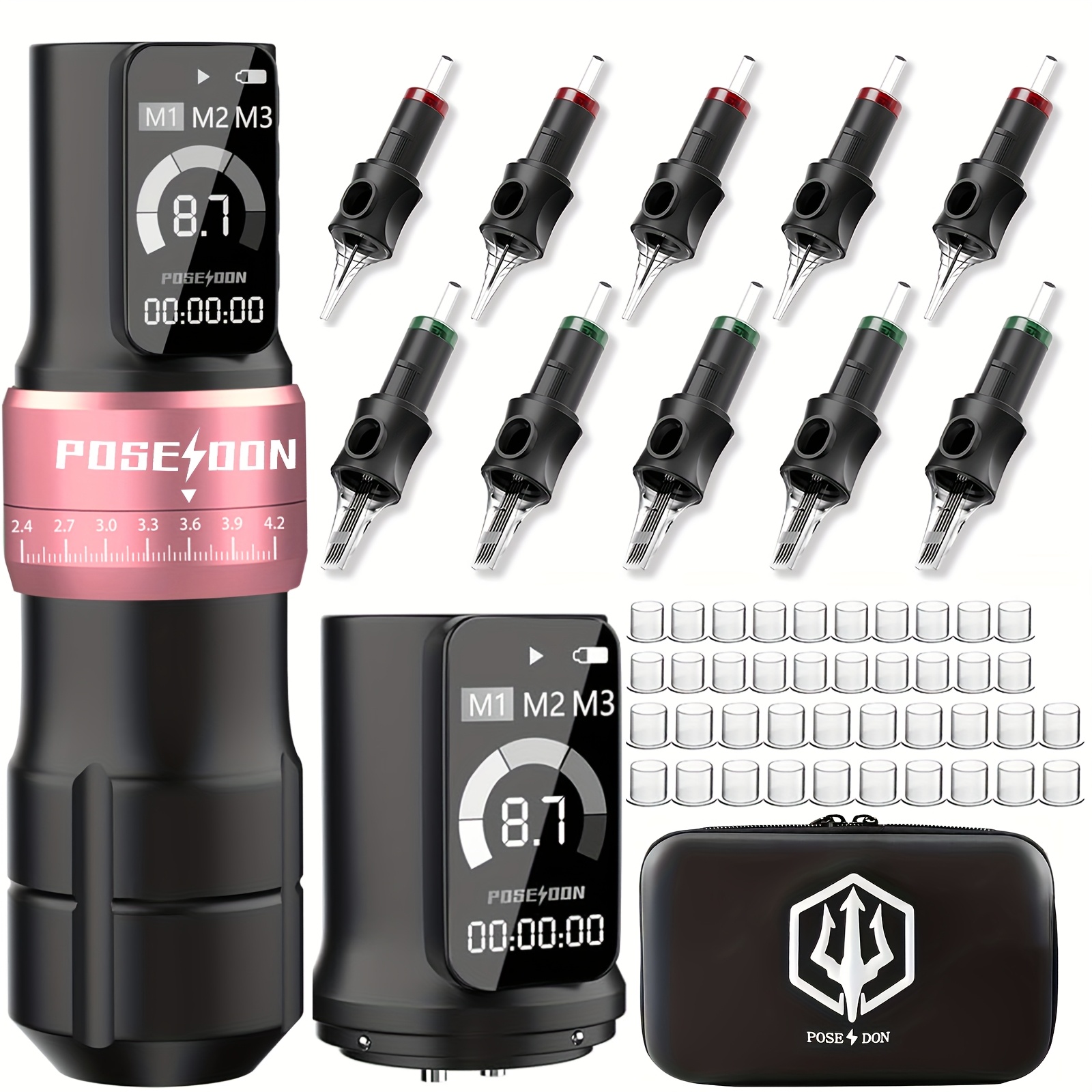 Poseidon Wireless Rotating Tattoo Machine Pen Kit, 2.4-4.2mm Adjustable Stroke Motor, 2 2300mah Digital Screen Batteries, With 10pcs Tattoo Needles And Other Additions