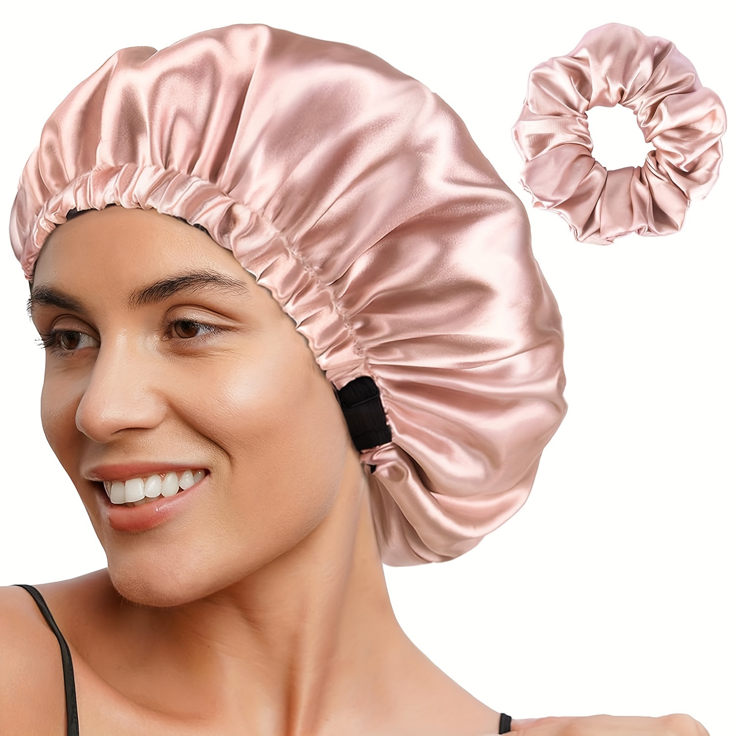 

Ellitina Double Layer Satin Sleep Bonnet For Women - Adjustable, Reversible Hair Care Cap, Hypoallergenic, Pink, Soft Polyester Fabric, For Curly & Normal Hair Types