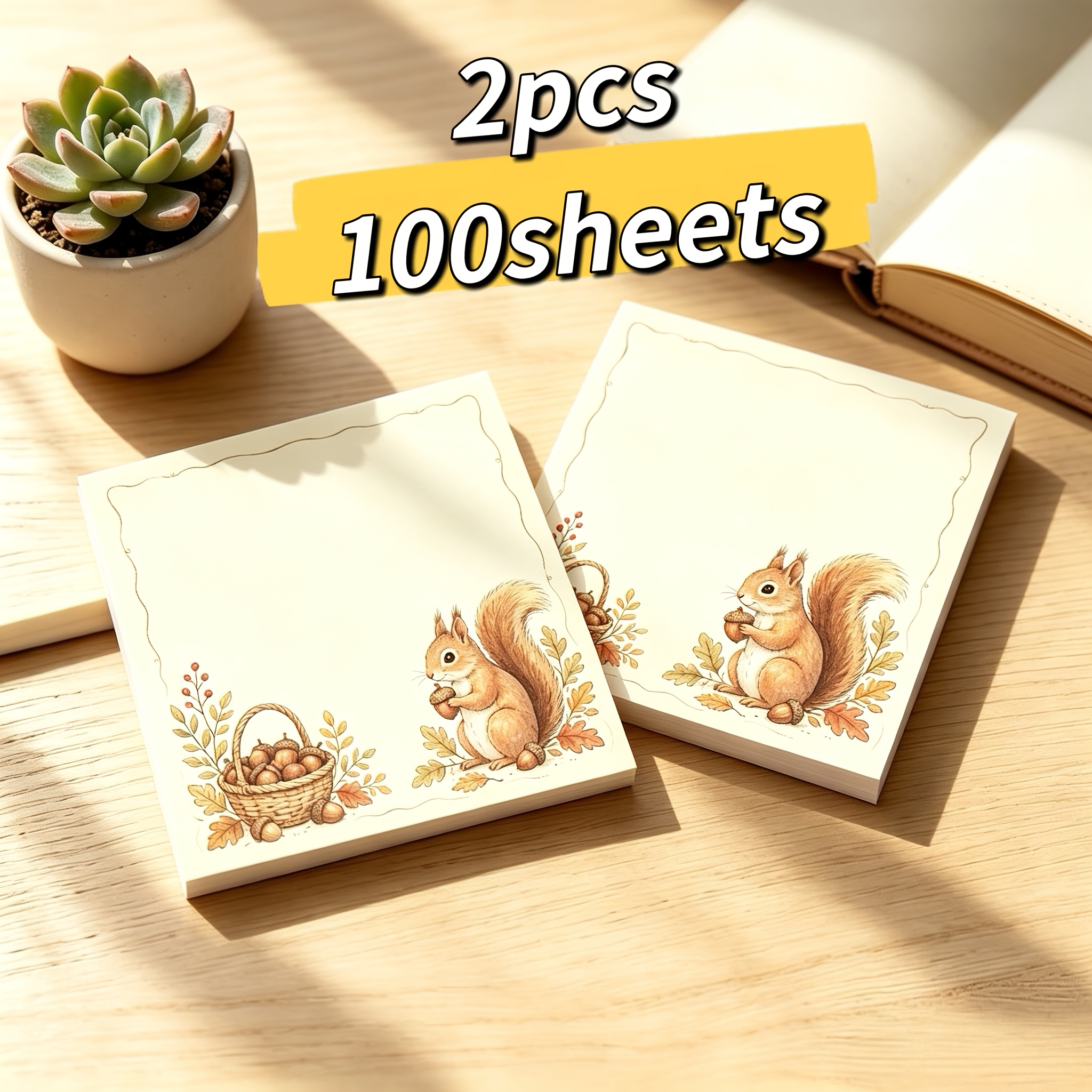 TEMU Vintage Watercolor Autumn Squirrel Sticky Notes 2-pack Total 100 Sheets, Creamy Thick Paper Non-bleed Writing, Student Classroom Notes, Office