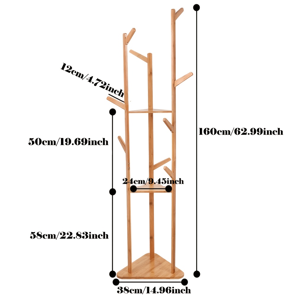 Multifunctional Coat Rack, Practical Coat Rack With Triangular Base, Suitable For Bedrooms And Living Rooms, 155x36x36cm, Natural Wood End