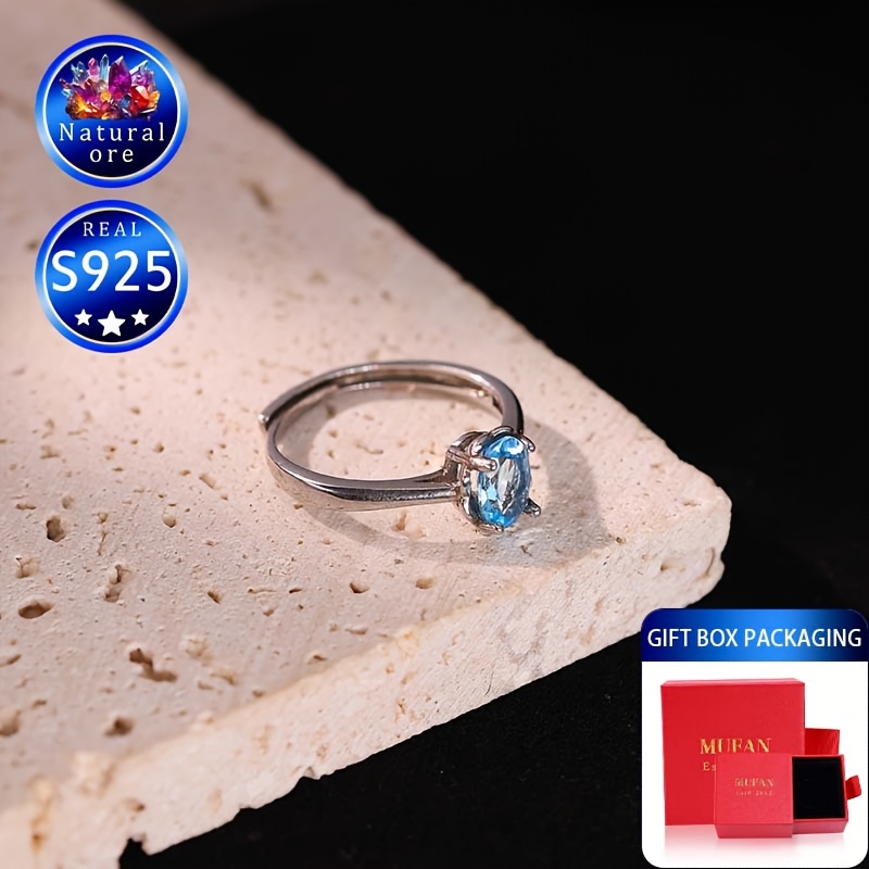 MUFAN S925 Silver Topaz Ring Adjustable Band November Birthstone Gift