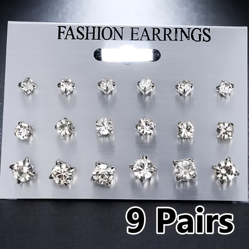 TEMU 9 Pairs/18 Pairs Sparkling Classic Stud Earrings Set For Women, Synthetic Zirconia Studded, Wear And Festive Celebrations