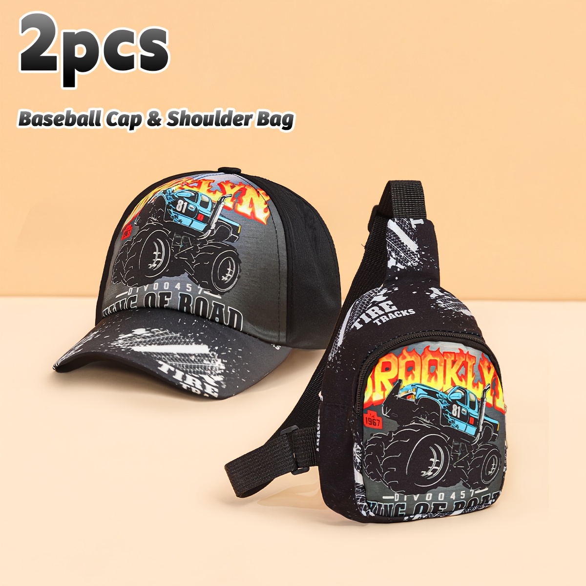 Image of 2pcs ' Off-road Pattern Baseball Cap & Chest Bag Set, Cool & Sports Outfit, Large Capacity Chest Bag With Adjustable Strap, Suitable For 3-6y Boys, Ideal For Short Travel, Hiking, Fishing & School