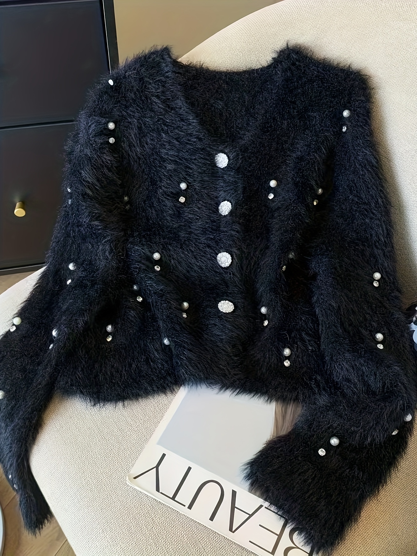 womens black sweater with pearls
